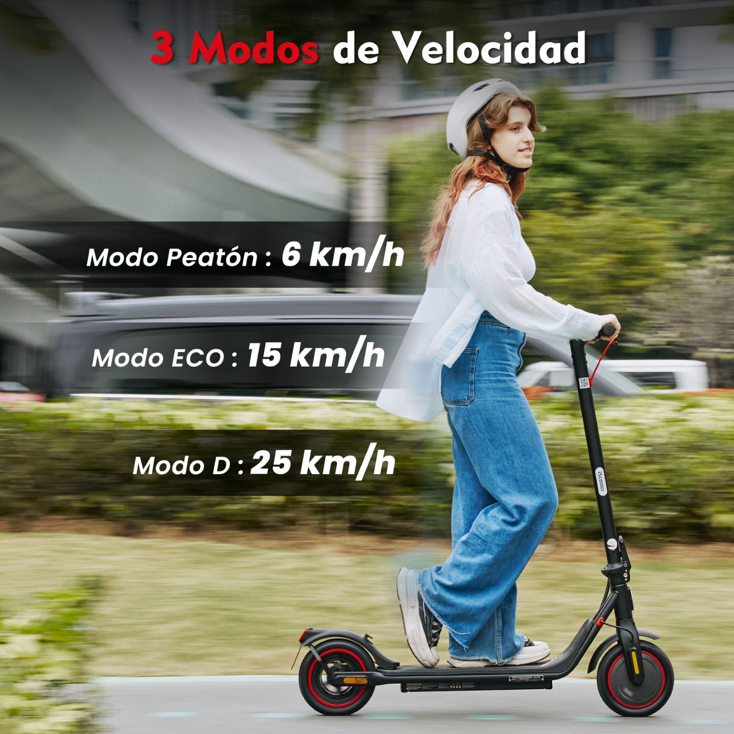 Una mujer joven monta en patinete eléctrico con superposiciones de velocidad.