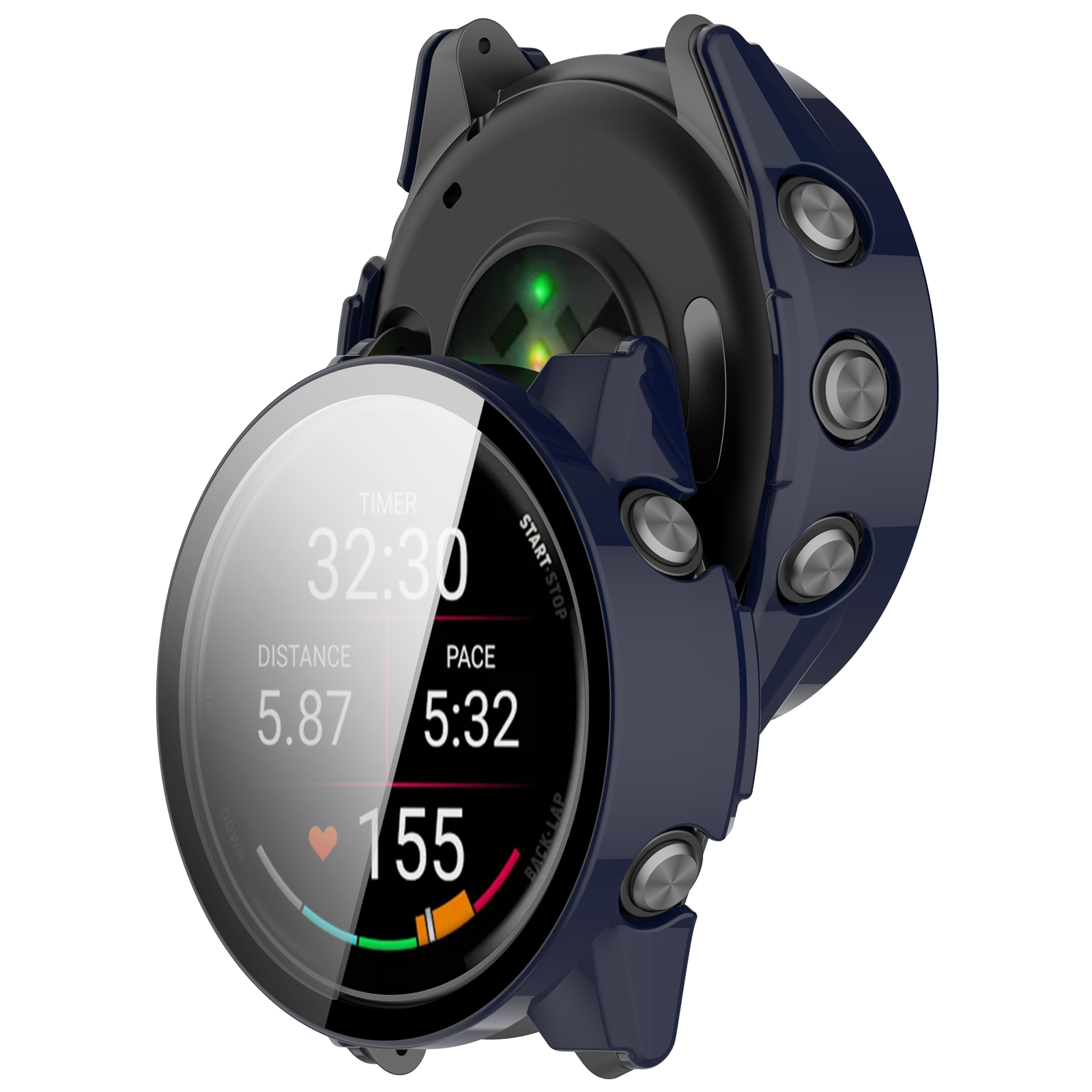 Una funda protectora azul oscura colocada en un reloj inteligente que muestra cronómetro, distancia y ritmo.