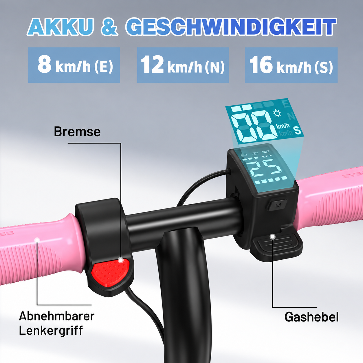 Scooter-Lenker mit rosa Griffen, digitaler Anzeige, Bremse und Gashebel, mit angezeigten Geschwindigkeiten.