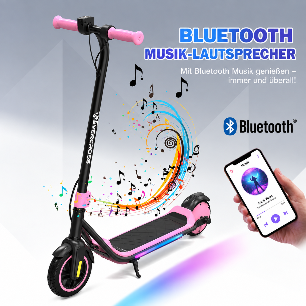 Ein schwarz-rosafarbener Elektroroller mit Bluetooth-Musikfunktion und Smartphone-Steuerung.