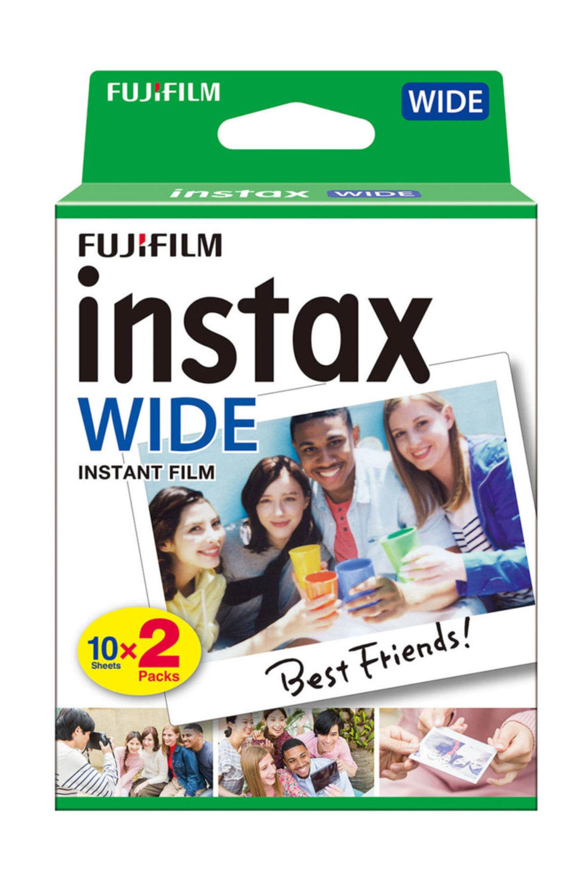 Renkli bardaklar tutan dört gülümseyen arkadaşın olduğu Fujifilm Instax Wide film kutusu.