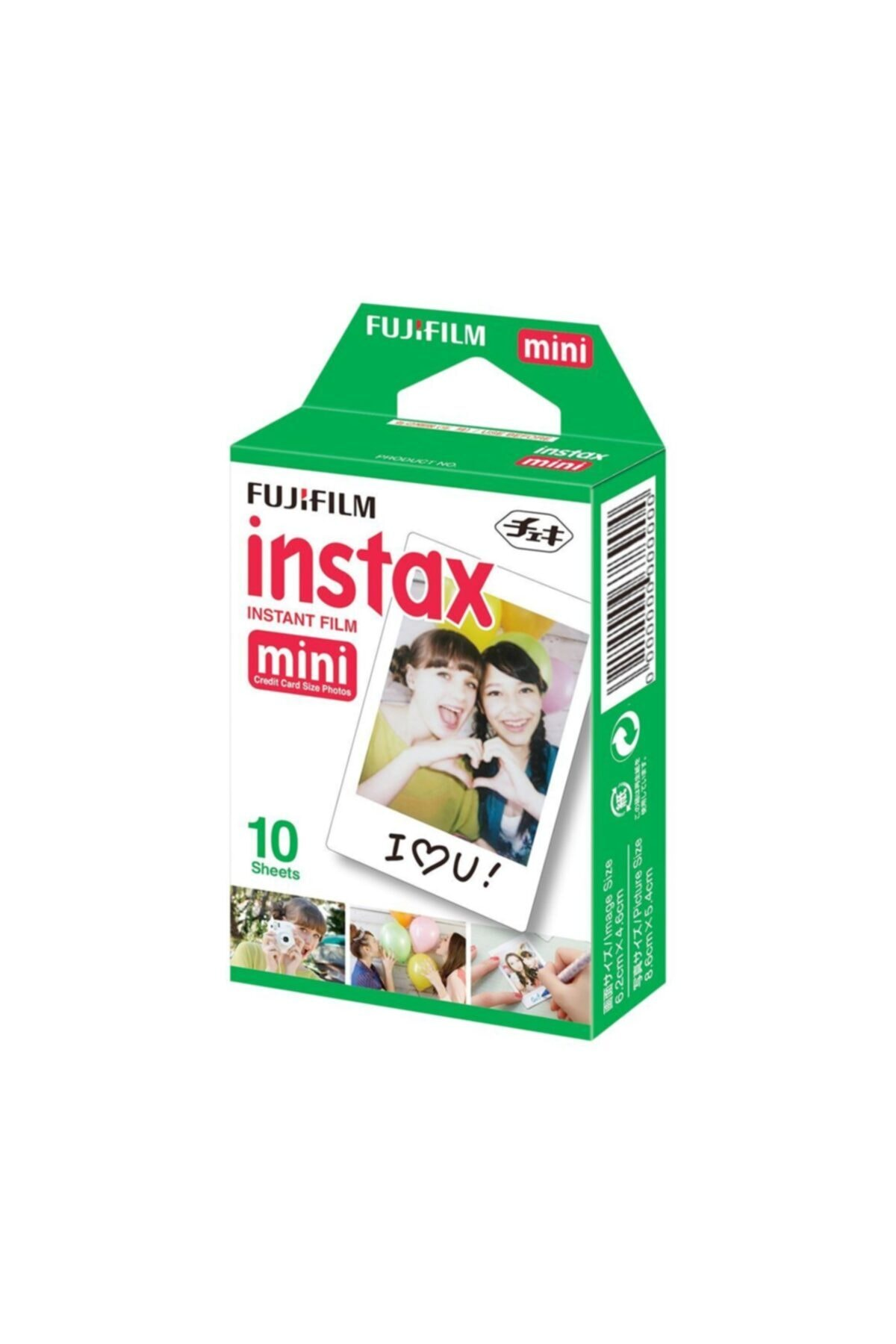 Ön yüzünde on yaprak ve örnek fotoğraf olan yeşil bir Fujifilm Instax Mini film kutusu.