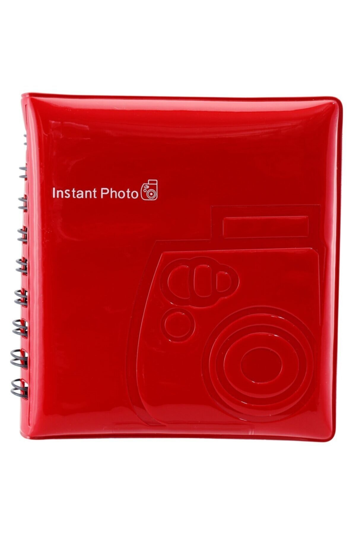 Parlak kırmızı spiralli albüm, üzerinde 'Instant Photo' yazısı ve kabartmalı kamera var.