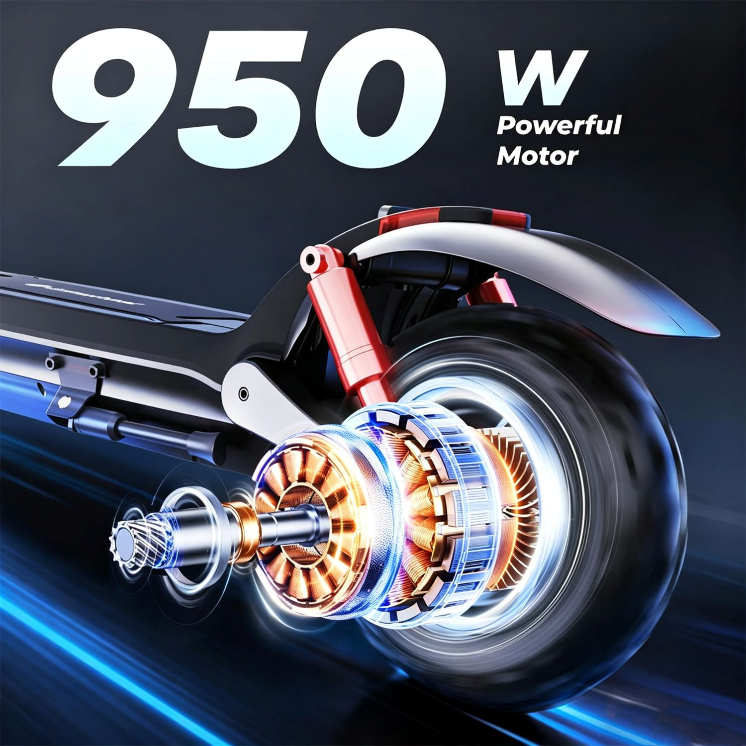 Una vista técnica en corte muestra un potente motor de 950W para patinete eléctrico.