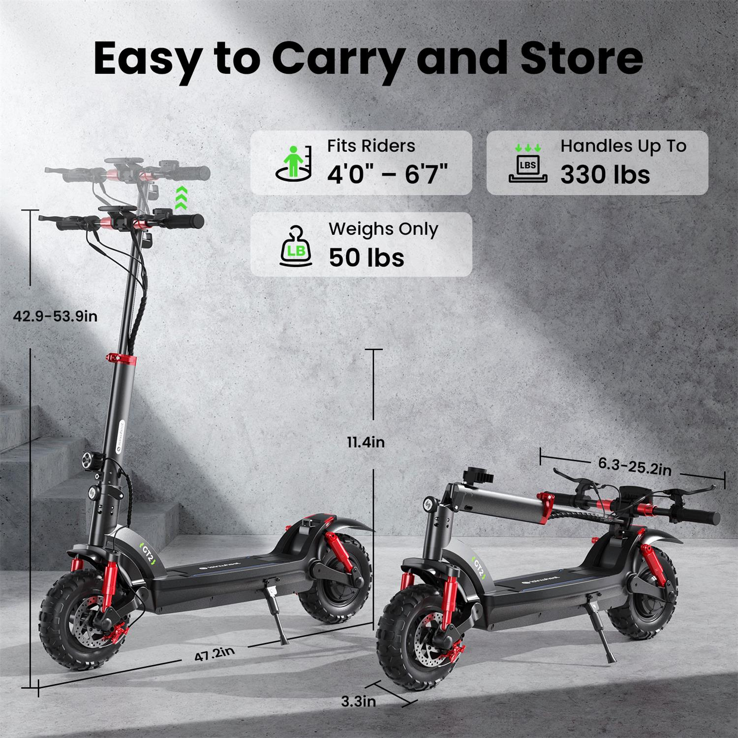 Un patinete eléctrico negro de pie y plegado, con dimensiones y especificaciones de peso y altura.