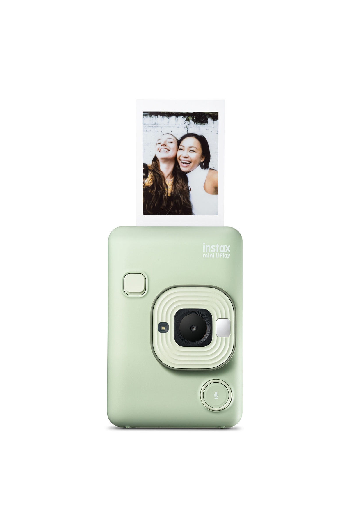 İki gülen kadının basılı anlık fotoğrafını gösteren nane yeşili Instax Mini LiPlay kamera.