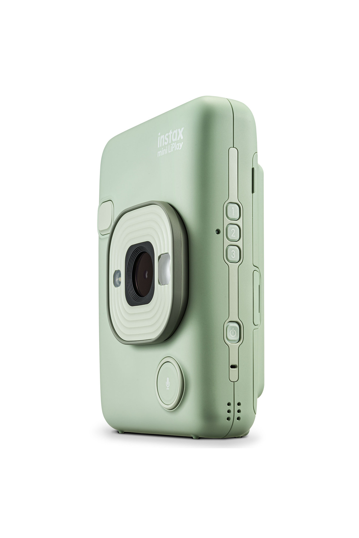 Beyaz arka planda duran açık yeşil renkli Instax mini LiPlay anlık kamera, ön ve yan yüzüyle.