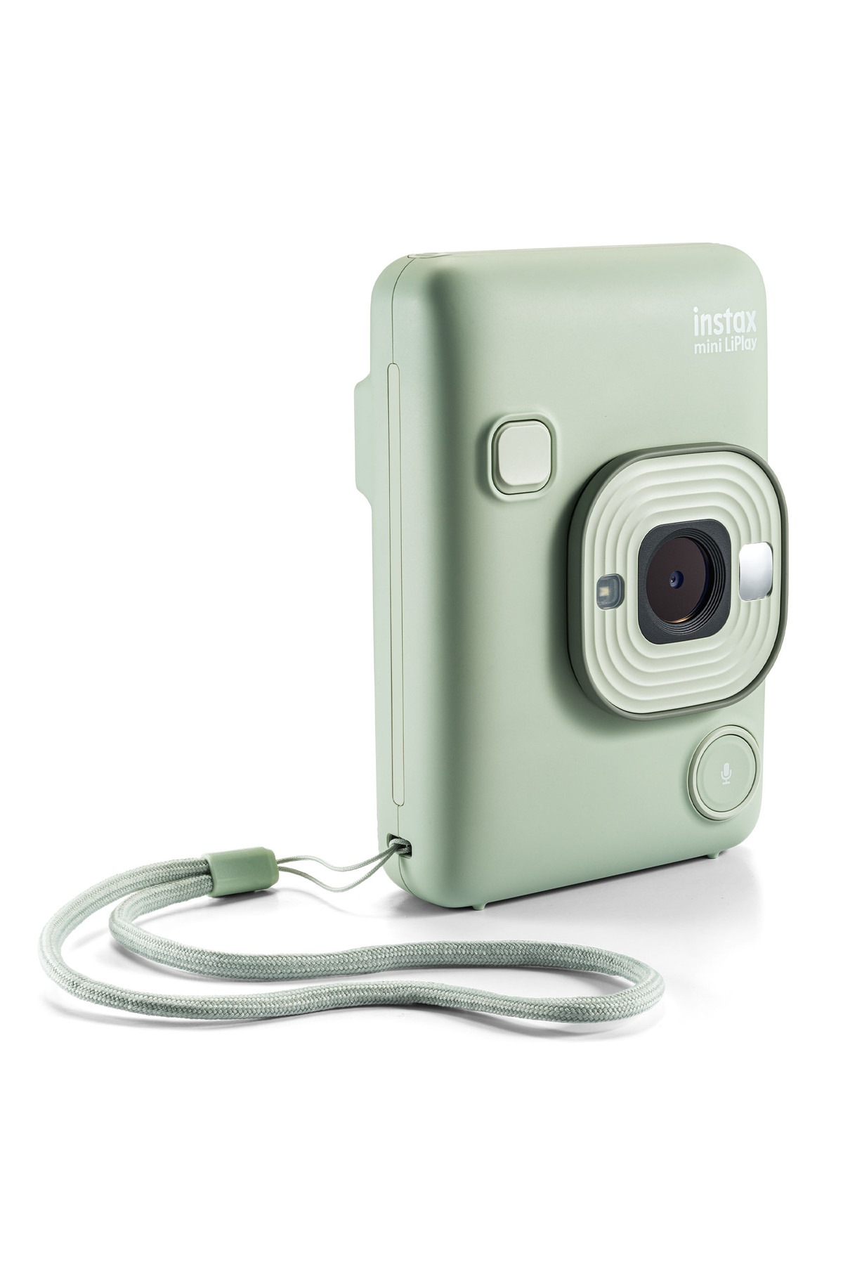 Beyaz arka planda uyumlu bilek kayışına sahip mat açık yeşil Instax mini LiPlay anında fotoğraf makinesi.