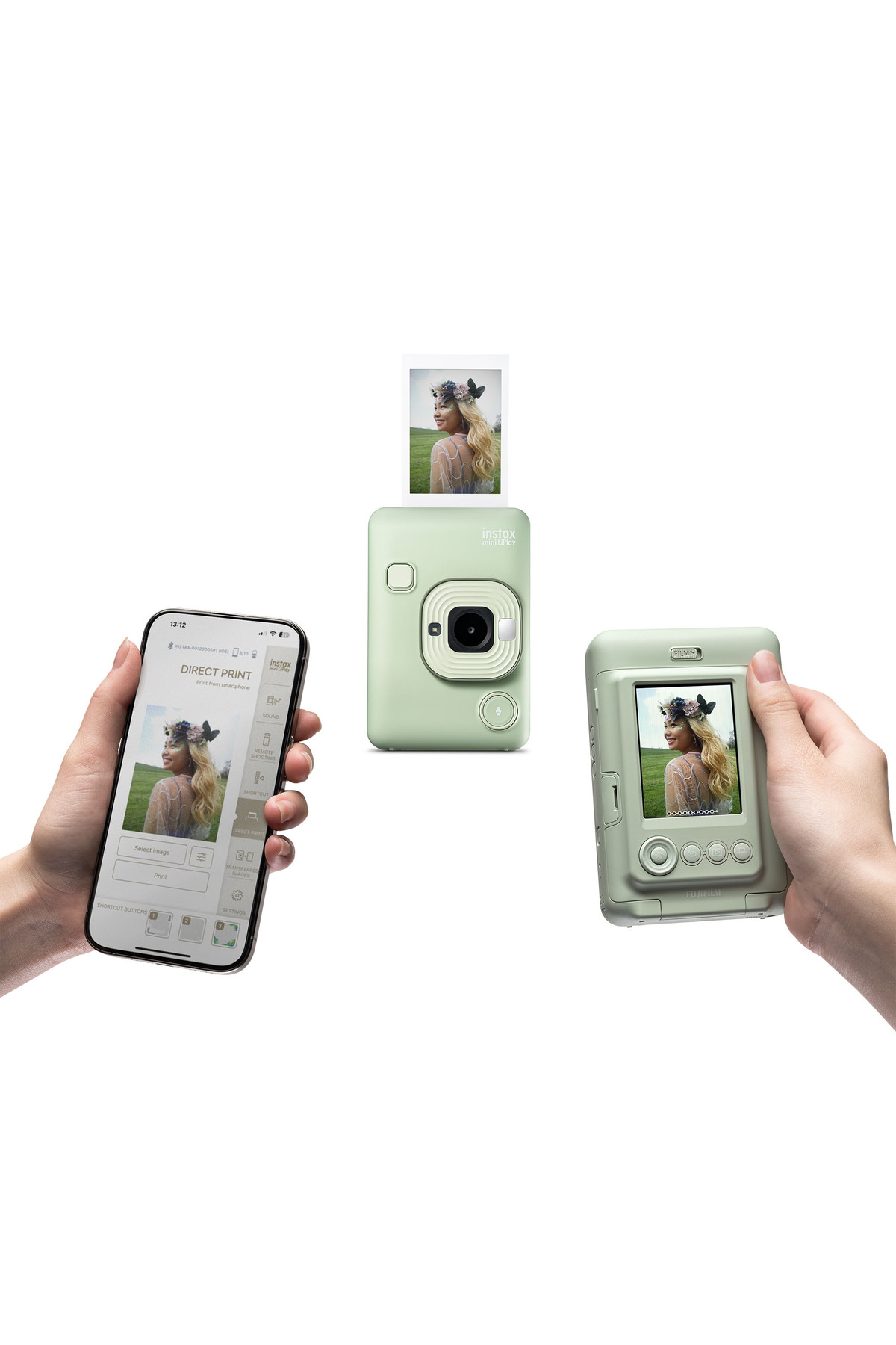 Yeşil Instax mini kamera, doğrudan baskı uygulamalı akıllı telefon ve basılı fotoğraf.