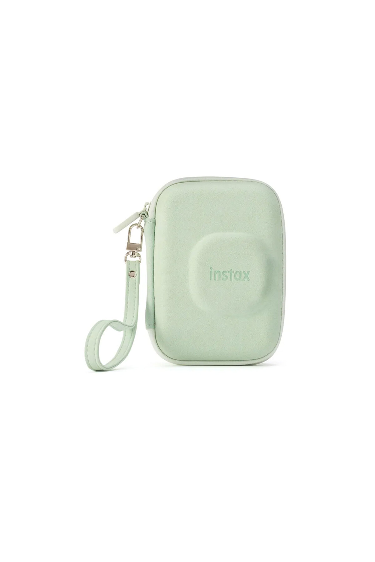 Beyaz arka planda fermuarlı ve çıkarılabilir el kayışlı açık yeşil Instax kamera çantası.