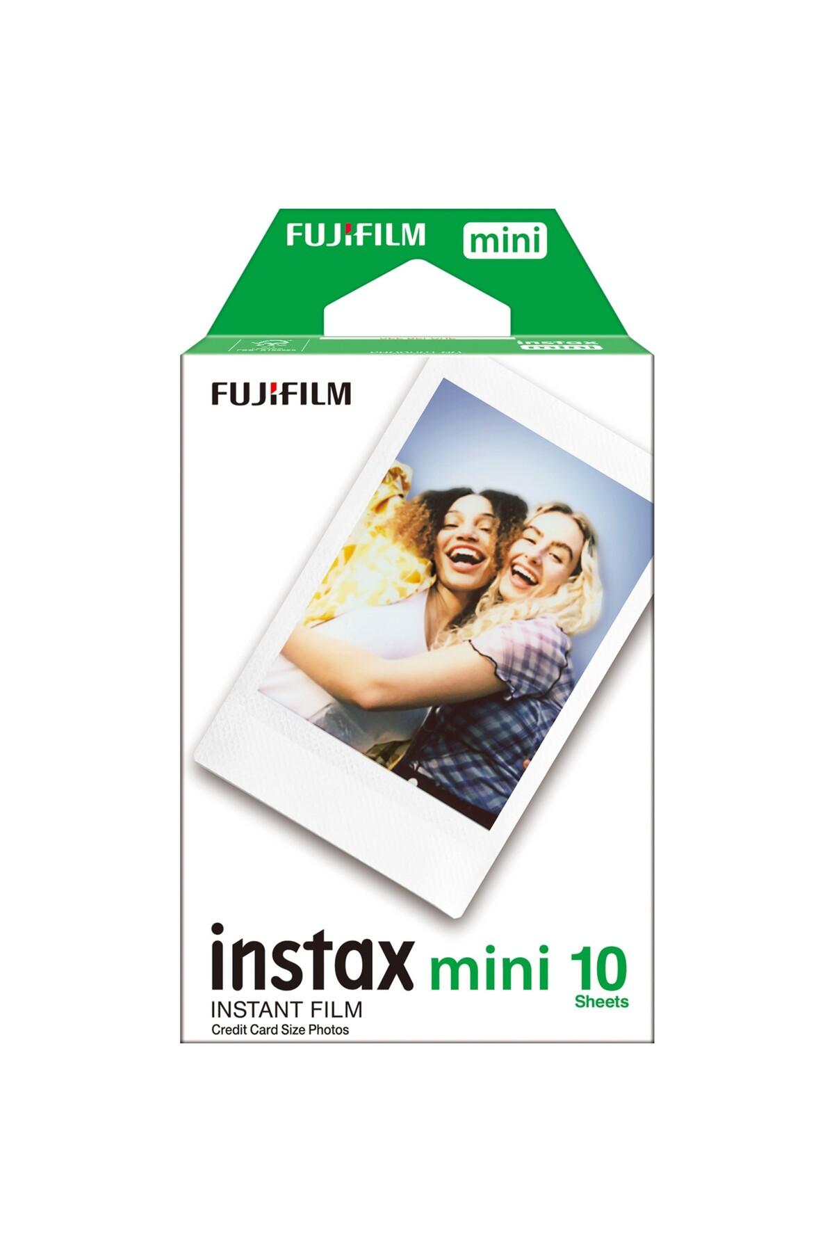 İki gülen kadının örnek fotoğrafının olduğu 10'lu Fujifilm Instax Mini anlık film kutusu.
