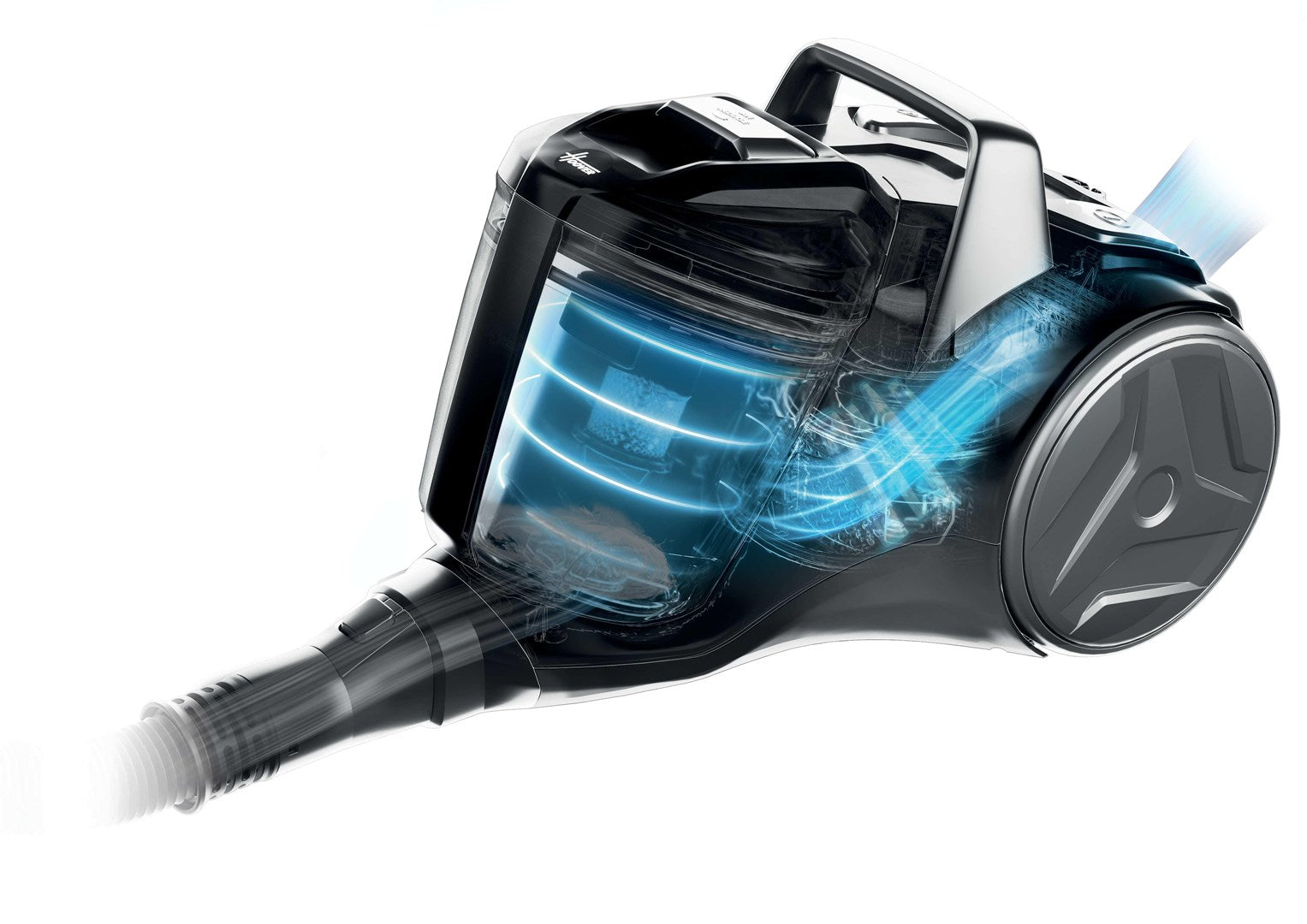 Un aspirateur traîneau noir montrant des flux de lumière bleue représentant le flux d'air.