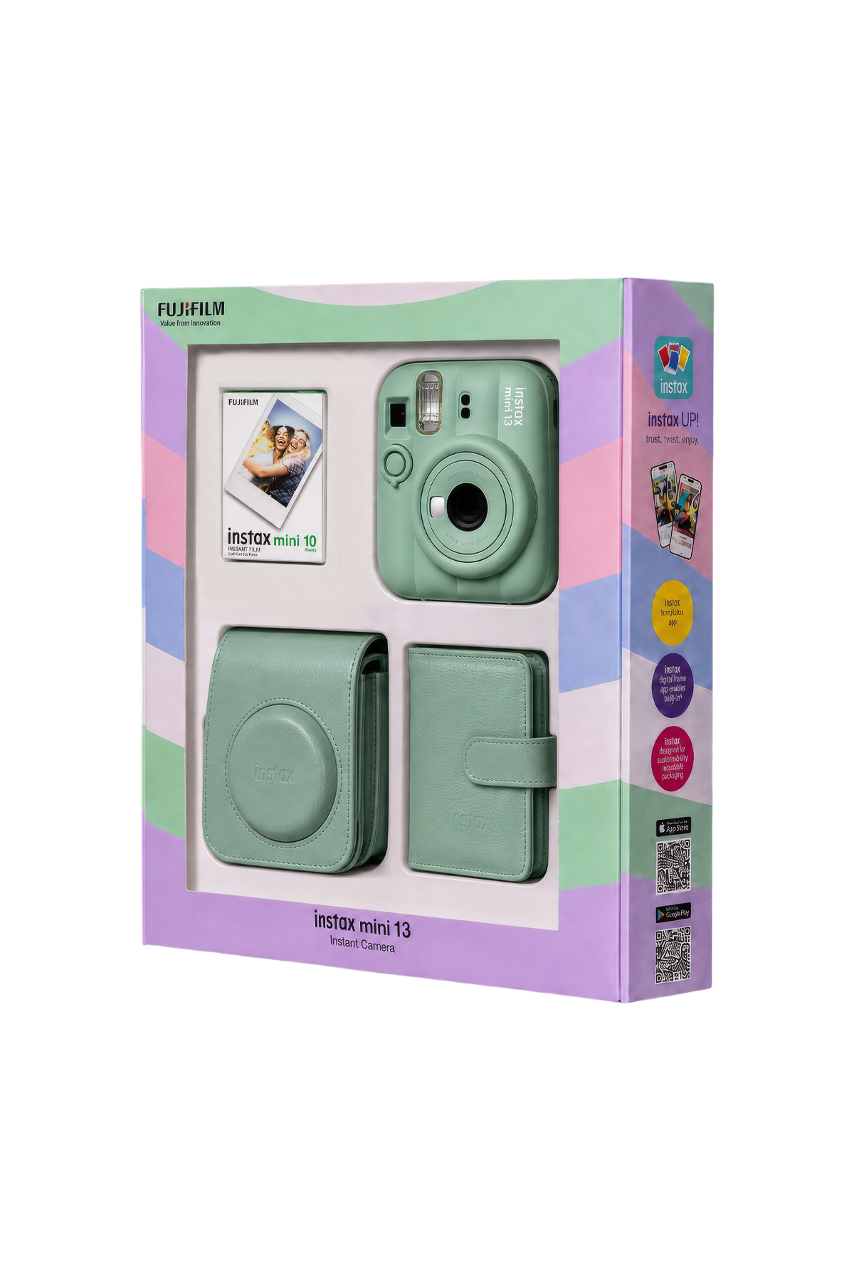 Kılıf, film ve albüm içeren pastel kutulu yeşil Instax Mini 13 kamera seti.