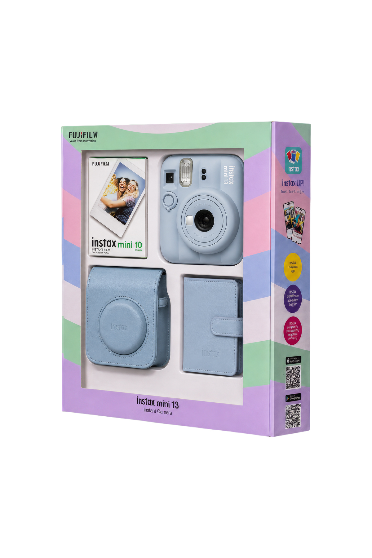 Kamera, kılıf, film ve albüm içeren pastel renkli Fujifilm Instax Mini 13 set kutusu.