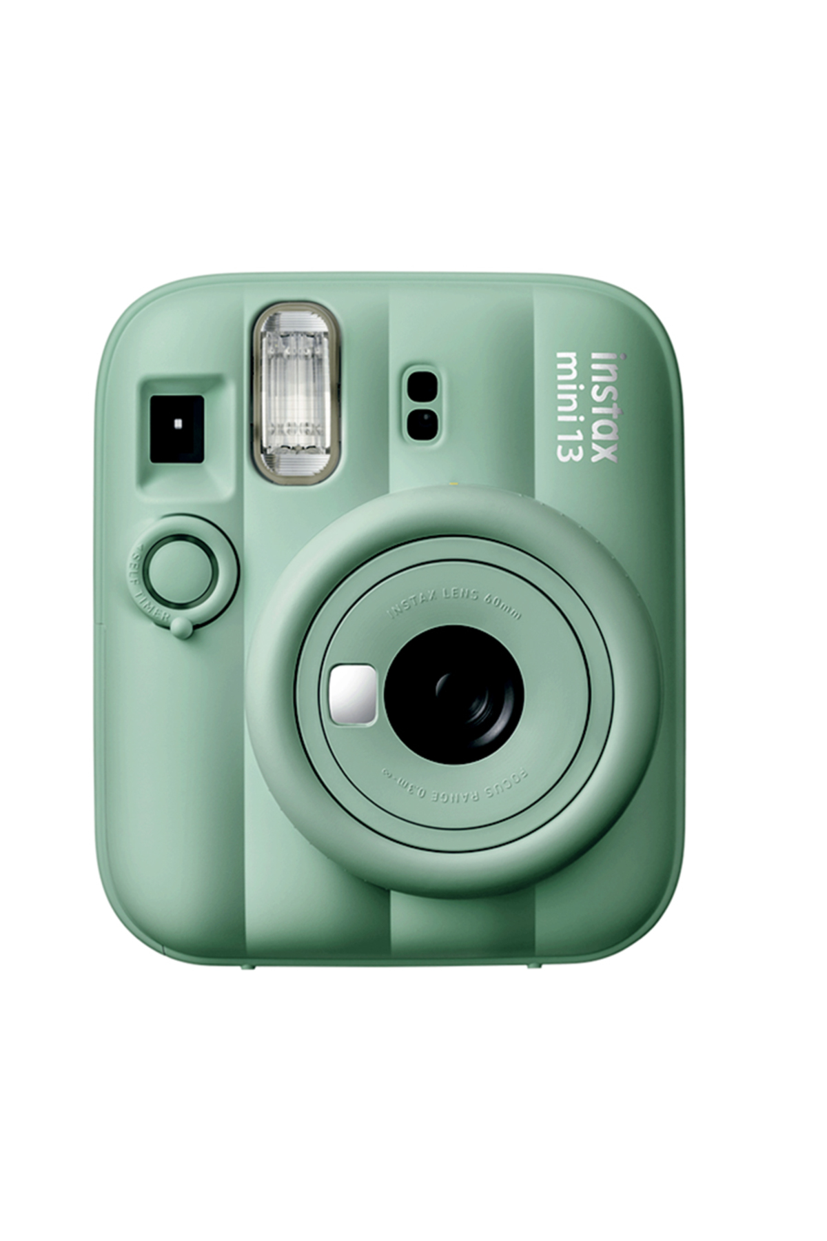 Objektifi, flaşı ve vizörü olan açık yeşil bir Instax Mini 13 anlık kameranın önden görünümü.