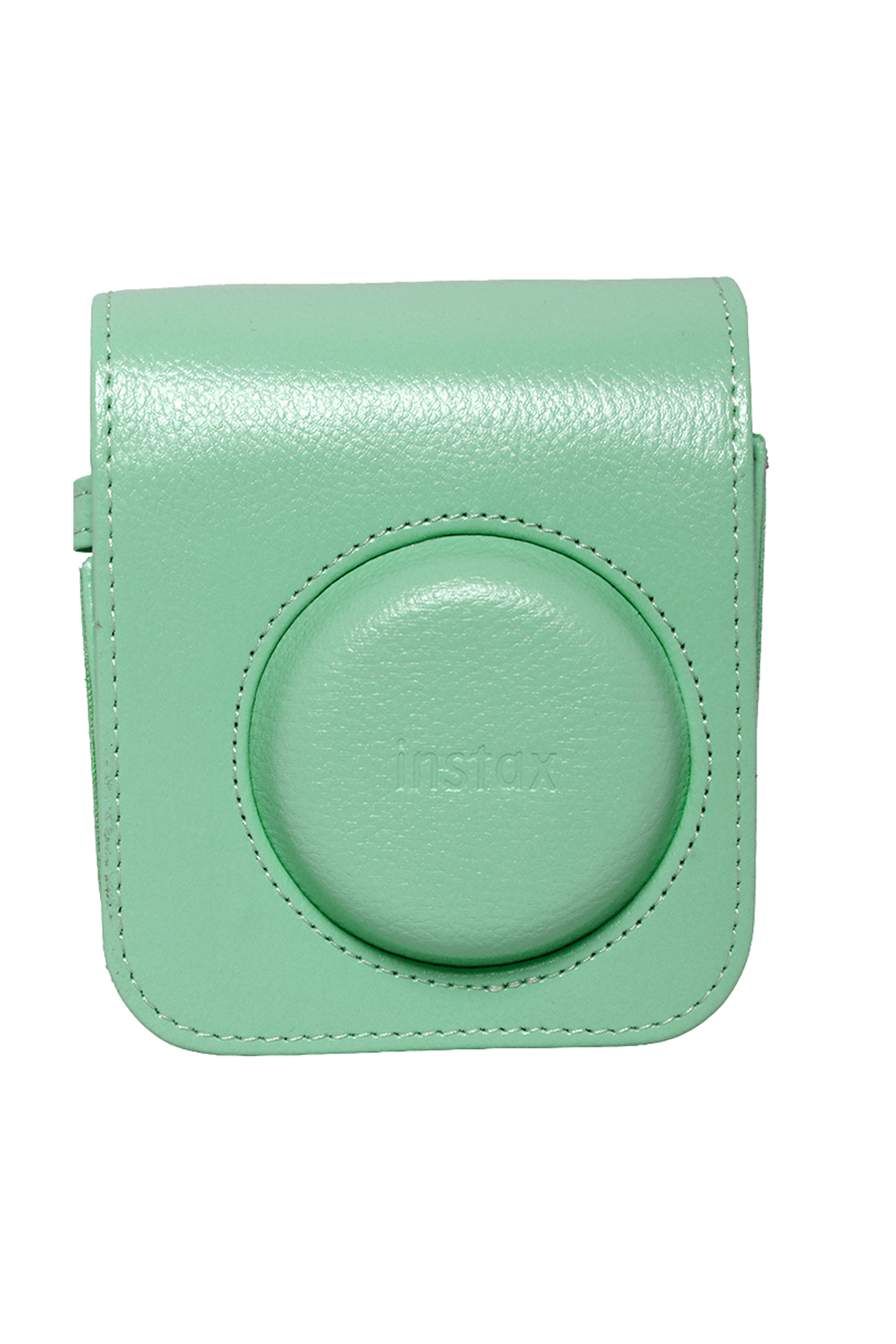 Beyaz dikişli ve yuvarlak lens kapaklı nane yeşili Instax kamera kılıfı.