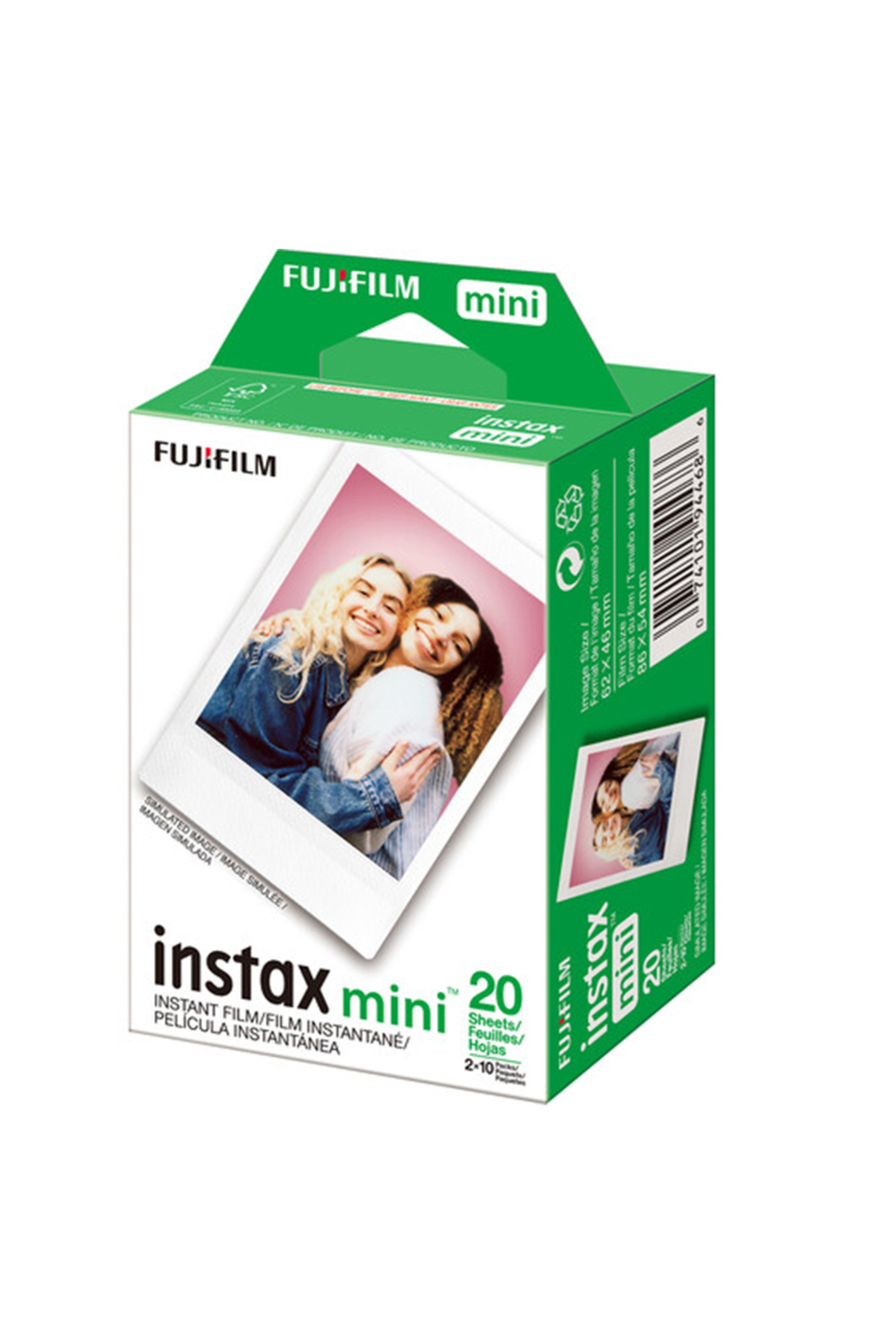 Ön fotoğrafında gülen iki kadın olan yeşil ve beyaz Fujifilm Instax Mini anlık film kutusu.