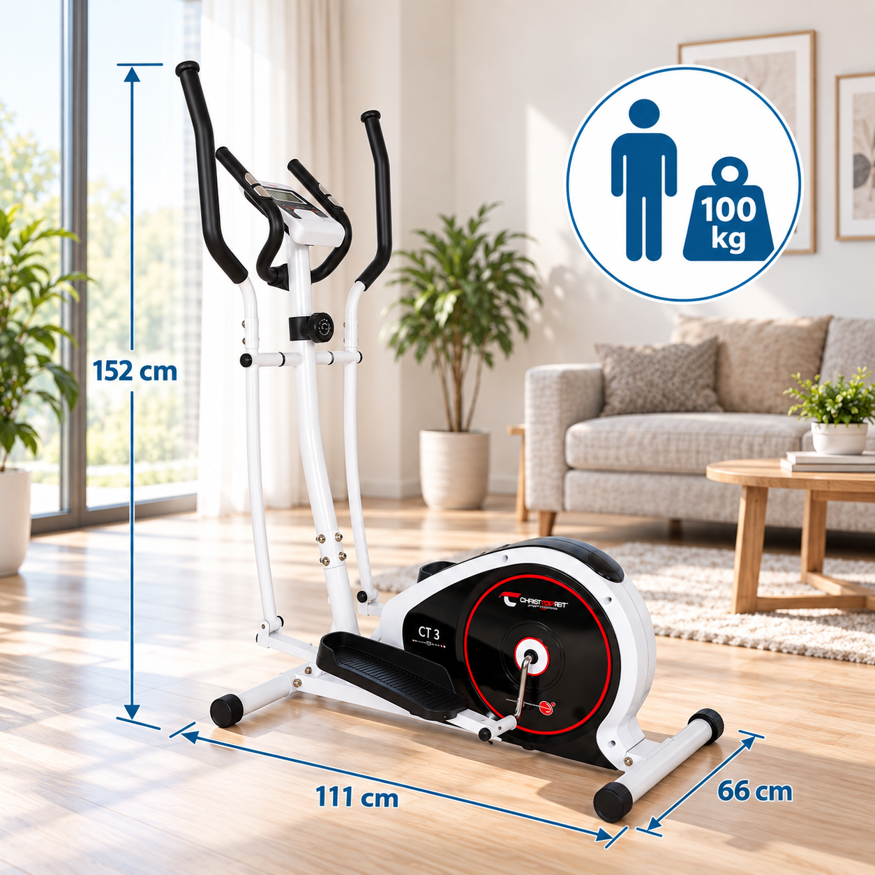 Weißer Crosstrainer in modernem Wohnzimmer mit Maßen von 152x111x66 cm und 100 kg Belastbarkeit.