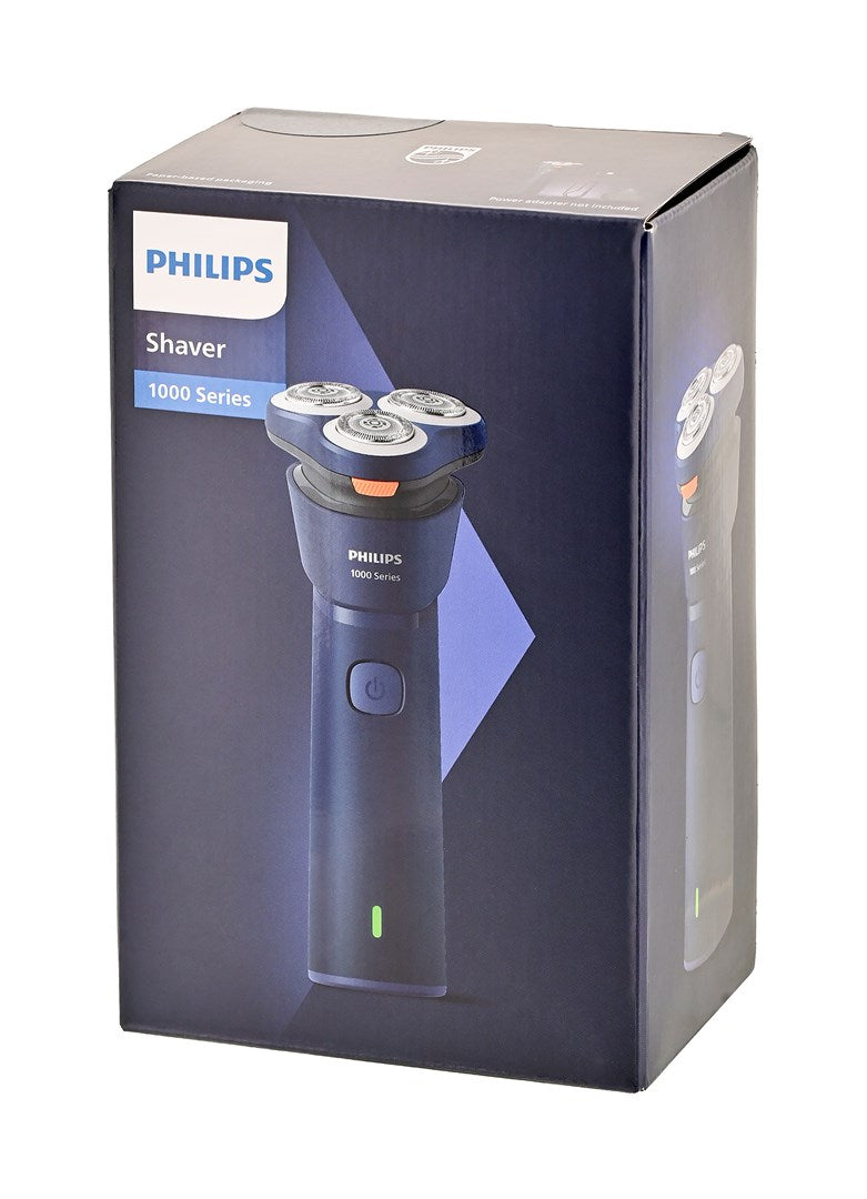 Niebieskie opakowanie Philips Shaver 1000 Series ze zdjęciem produktu i logo.