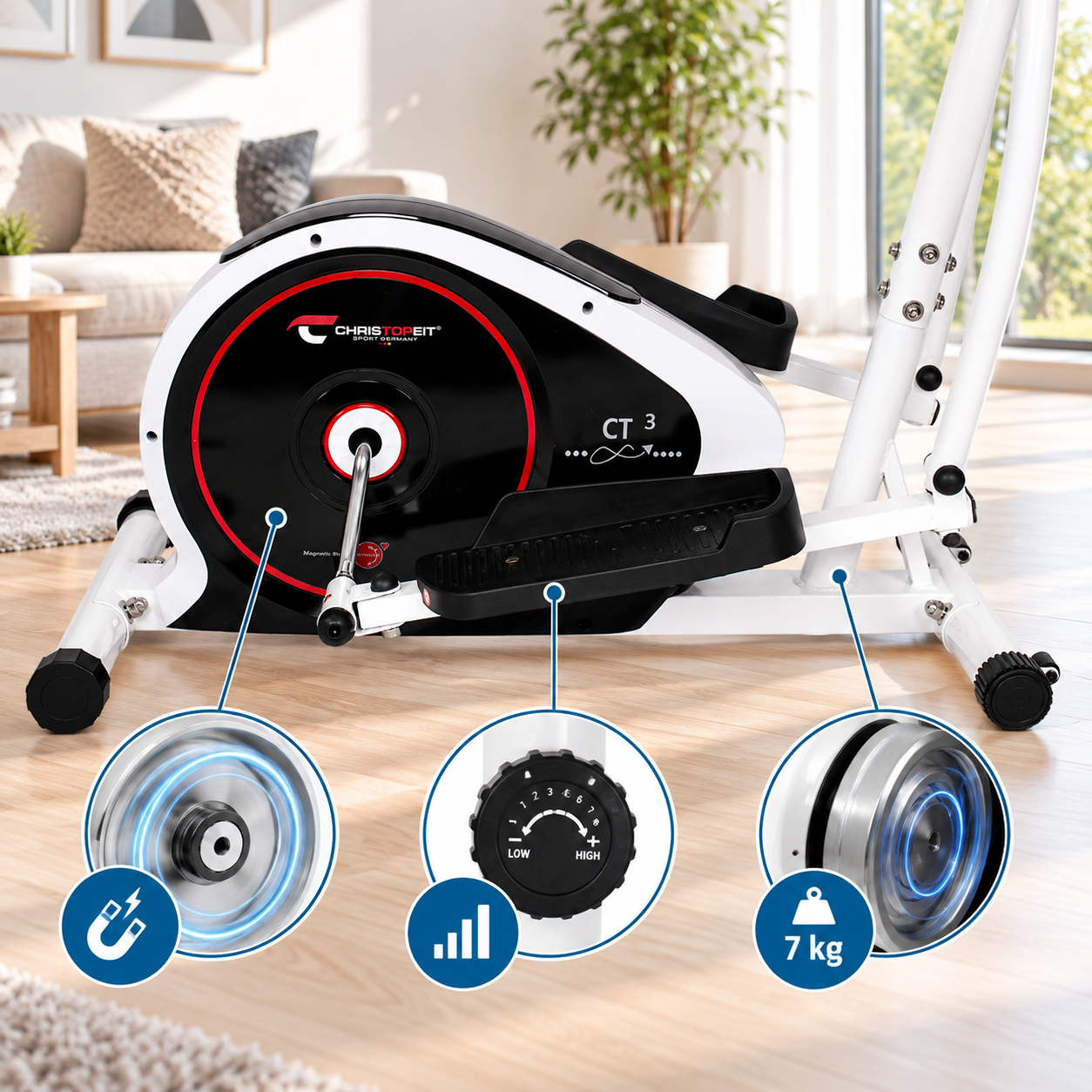 Christopeit CT 3 Crosstrainer in weiß und schwarz mit drei runden Detailansichten für Magnetbremse, Widerstand und 7 kg Schwungmasse.