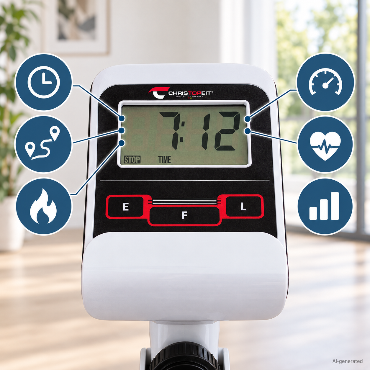 Christopeit-Heimtrainer-Display mit Digitalanzeige und blauen Symbolen für Zeit, Strecke, Kalorien und Puls.