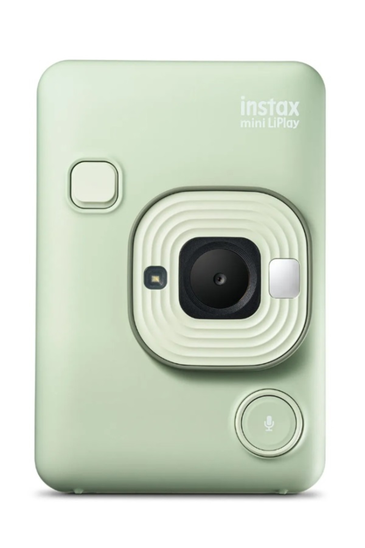 Mercek, flaş, vizör ve mikrofon düğmeli pastel yeşil Instax mini LiPlay anlık kamera.