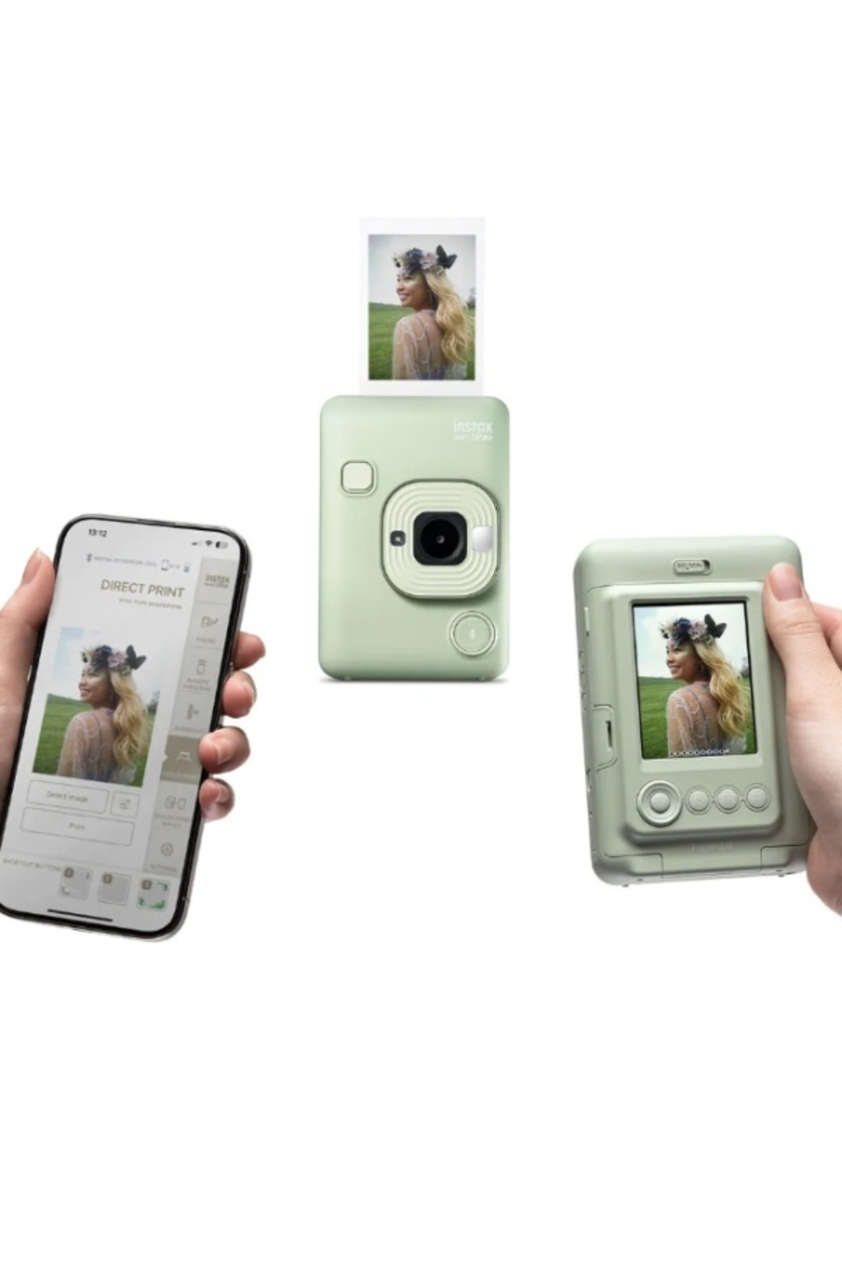 Nane yeşili bir Instax anlık kamera, fotoğraf uygulaması gösteren bir akıllı telefon ve ekranında fotoğraf gösteren başka bir kamera.