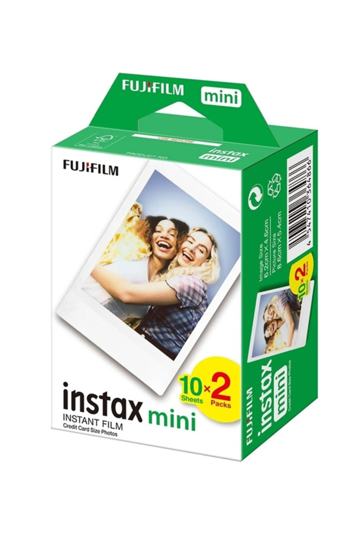 İki gülümseyen kadının fotoğrafının bulunduğu yeşil ve beyaz Fujifilm Instax Mini film kutusu.