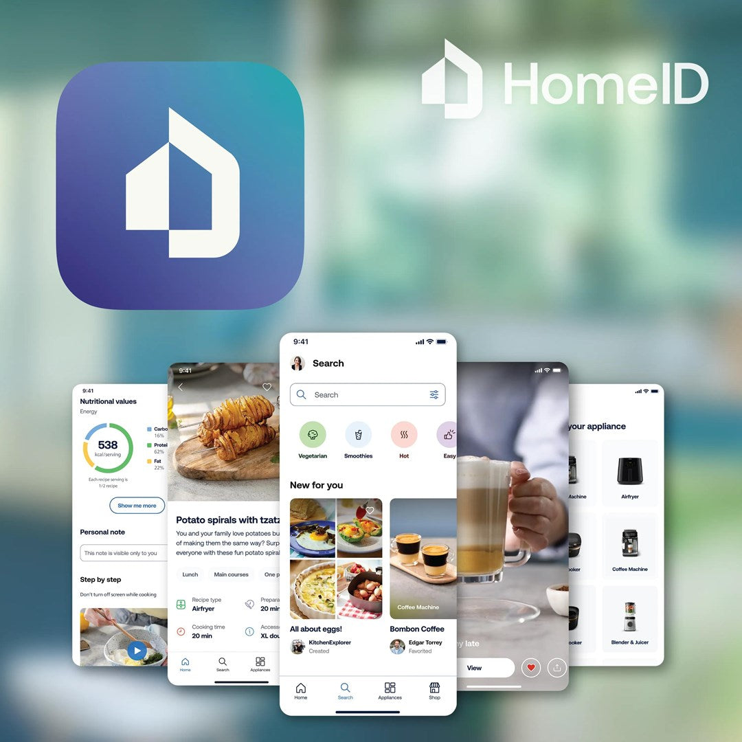 Logo HomeID i różne ekrany smartfonów przedstawiające przepisy, wartości odżywcze i sprzęt AGD.