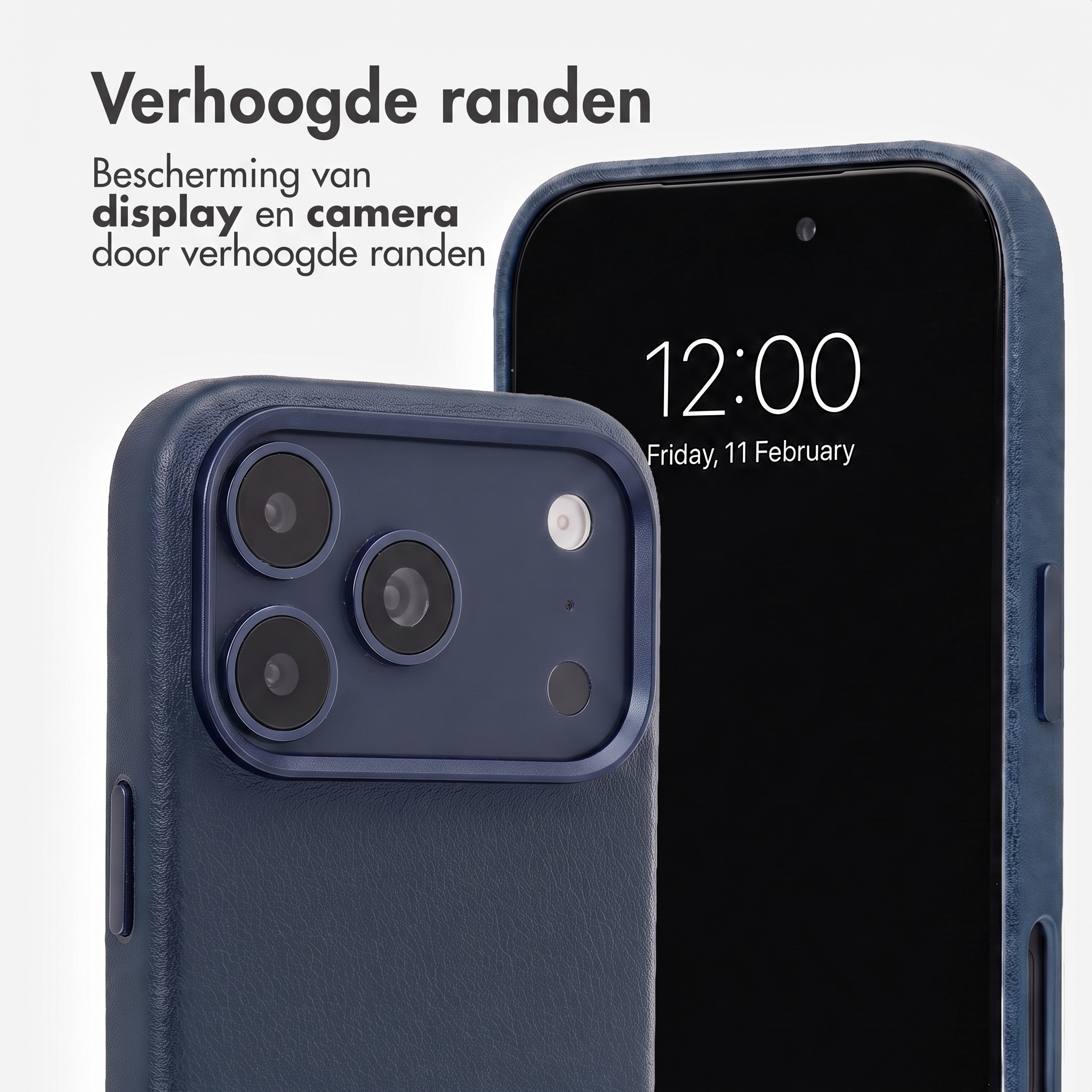 Coque de téléphone bleu foncé avec des bords surélevés protégeant l'écran et la caméra.