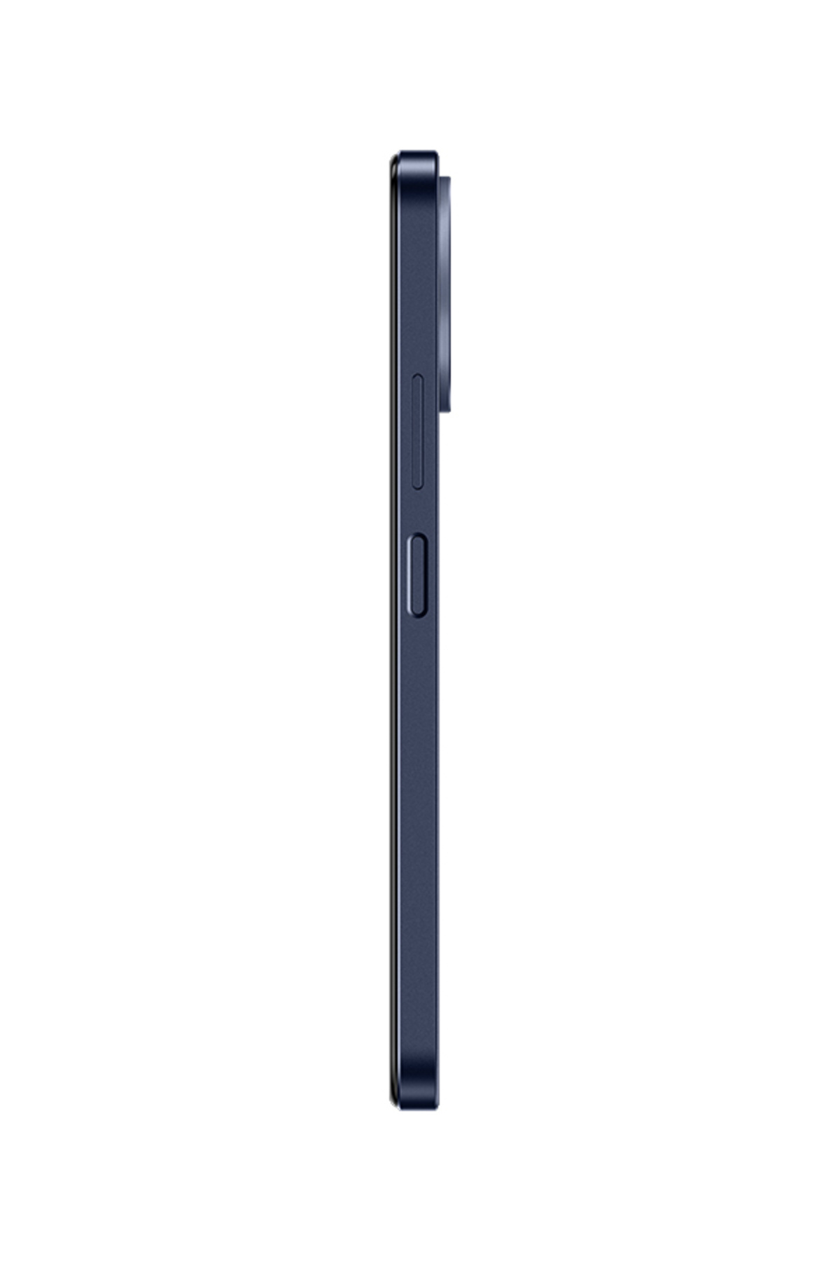 Ses ve güç tuşları görünen koyu mavi akıllı telefonun yan görünümü.