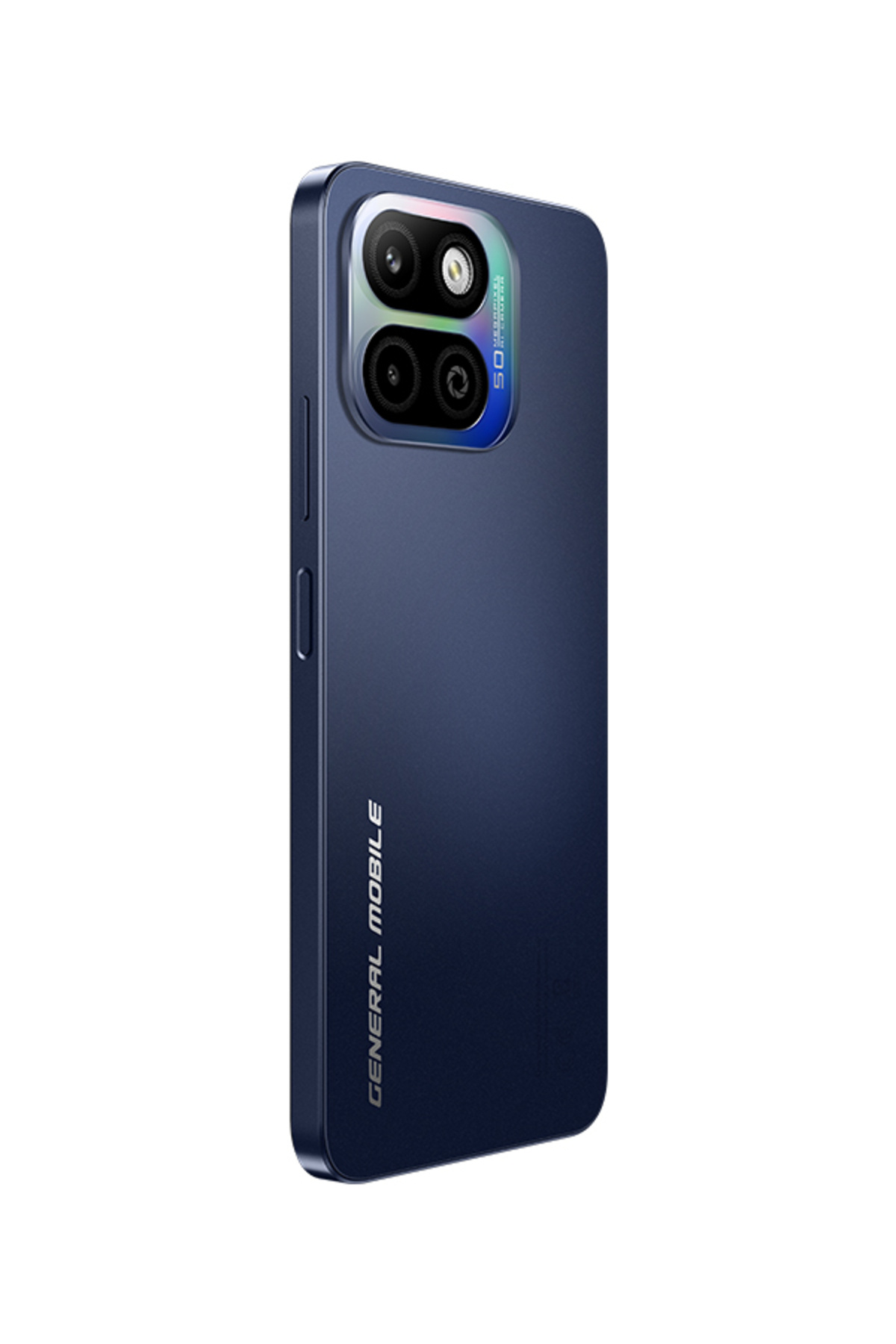 Dikey 'General Mobile' yazılı ve çift kamera modüllü mavi akıllı telefonun arka görünümü.