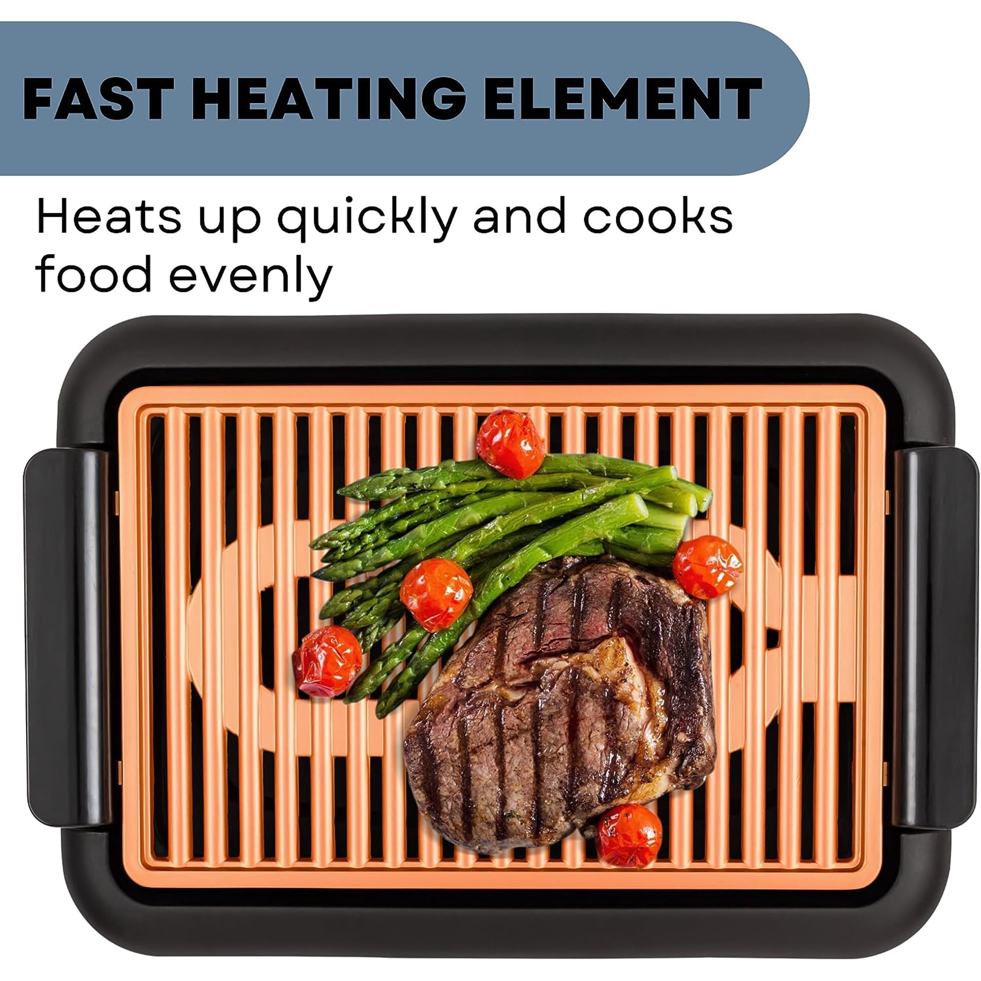 Ein elektrischer Grill mit Steak, Spargel und Tomaten. Text: Schnelles Heizelement.