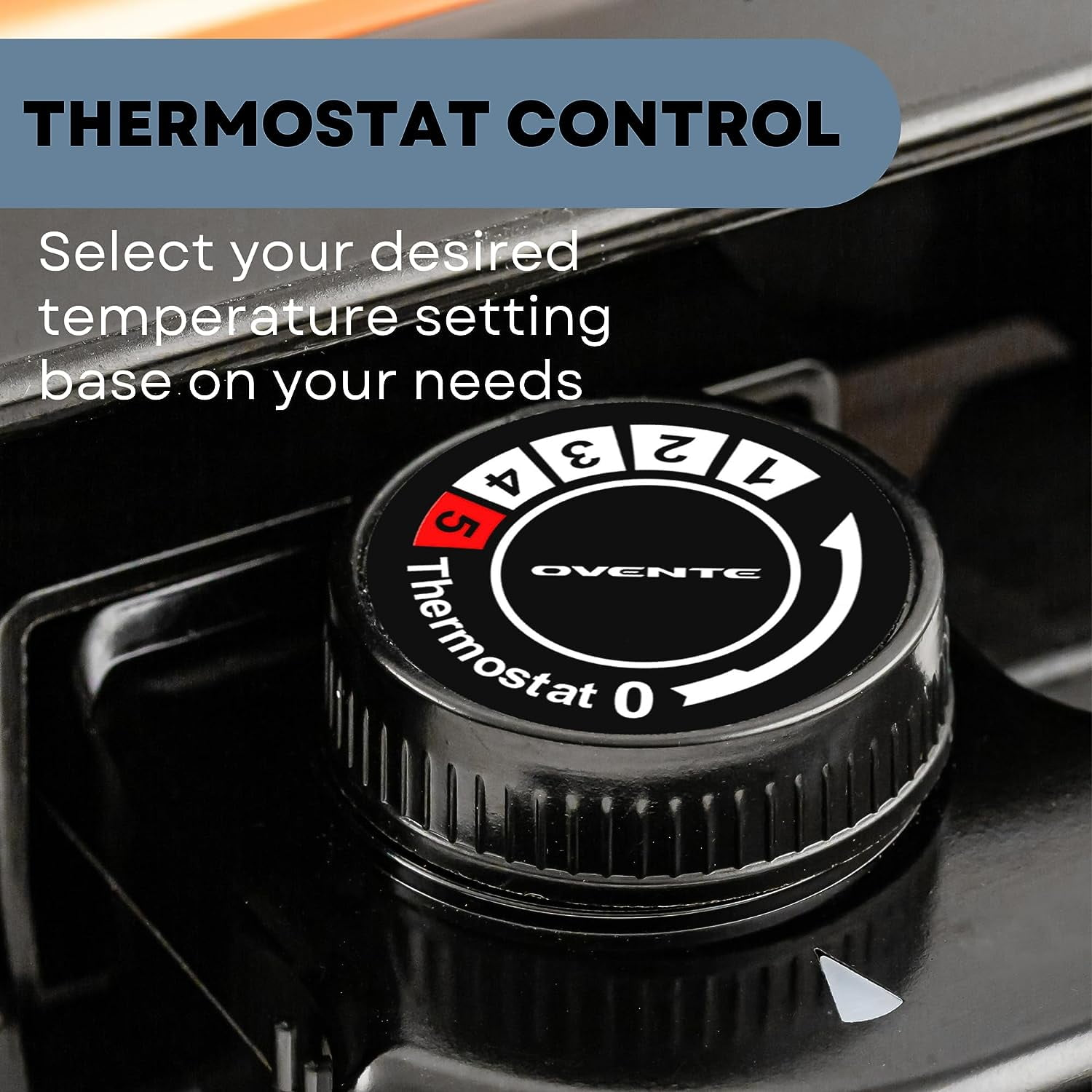 Schwarzer Ovente Thermostatregler mit Zahlen von 0 bis 5.