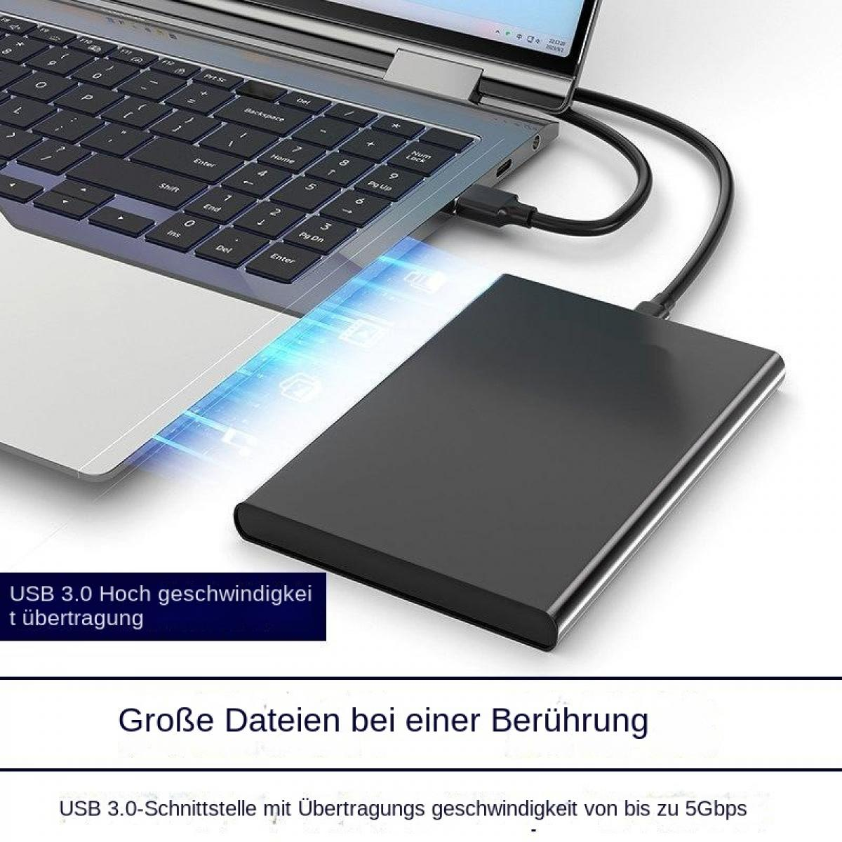 Eine graue externe Festplatte ist per Kabel an ein Laptop angeschlossen, mit deutscher Textüberlagerung.