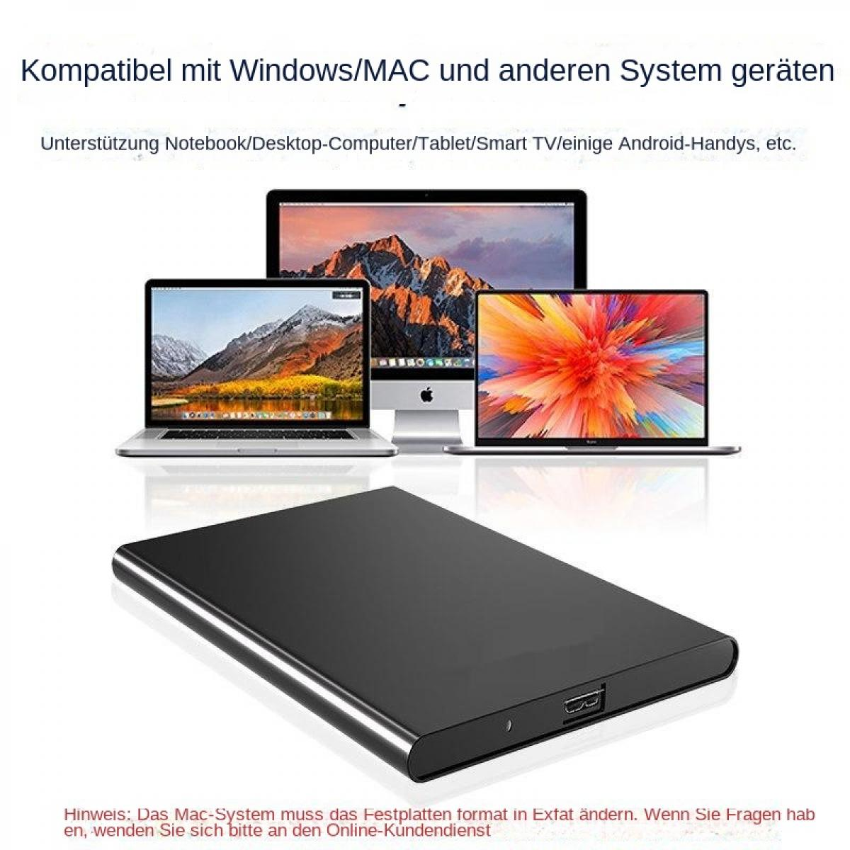 Eine schwarze externe Festplatte im Vordergrund mit verschiedenen Computern im Hintergrund.