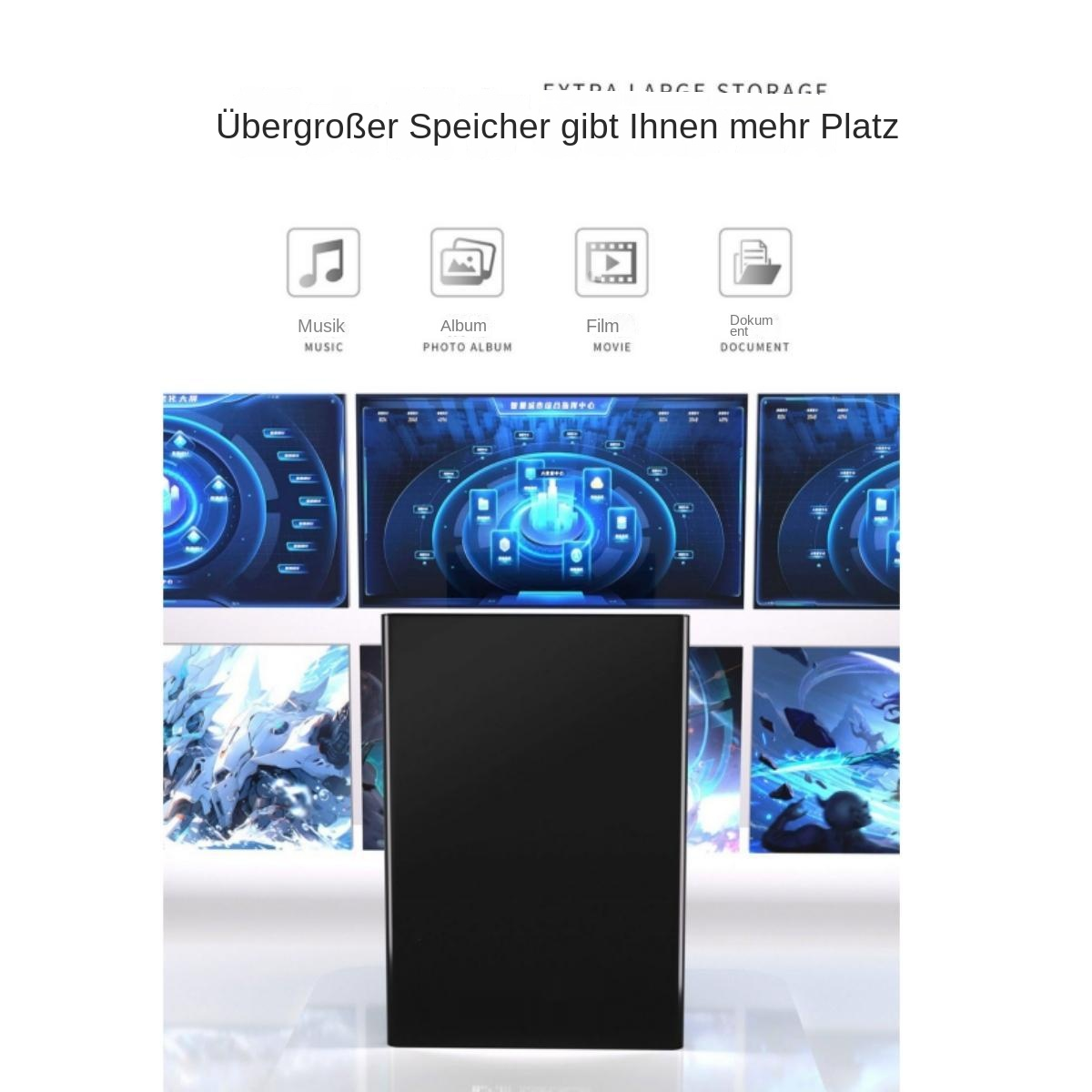 Eine schwarze tragbare Festplatte mit Symbolen für Musik, Fotos, Filme und Dokumente vor blauem digitalem Hintergrund.