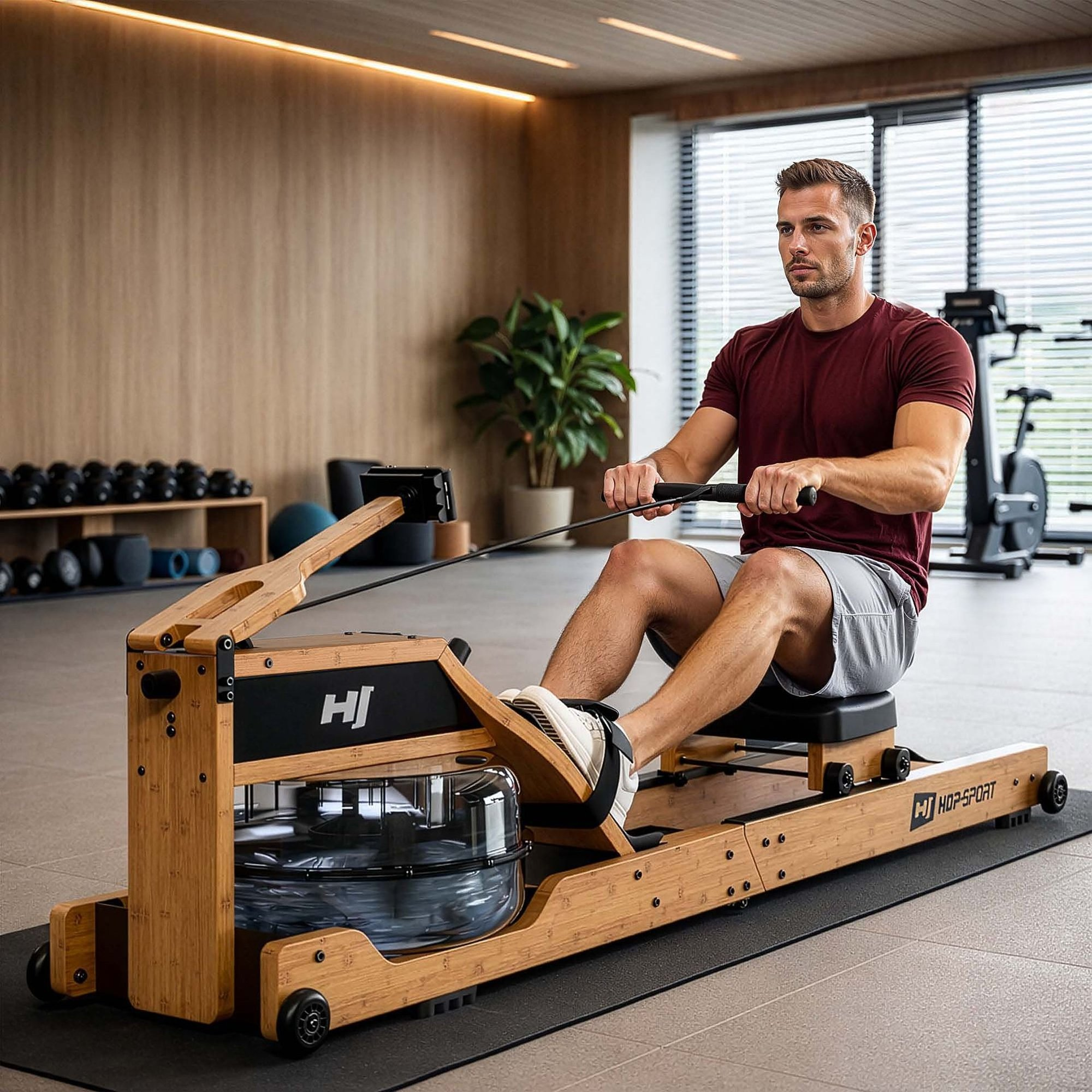 Ein Mann trainiert im Fitnessstudio auf einem hölzernen Rudergerät mit Wassertank.