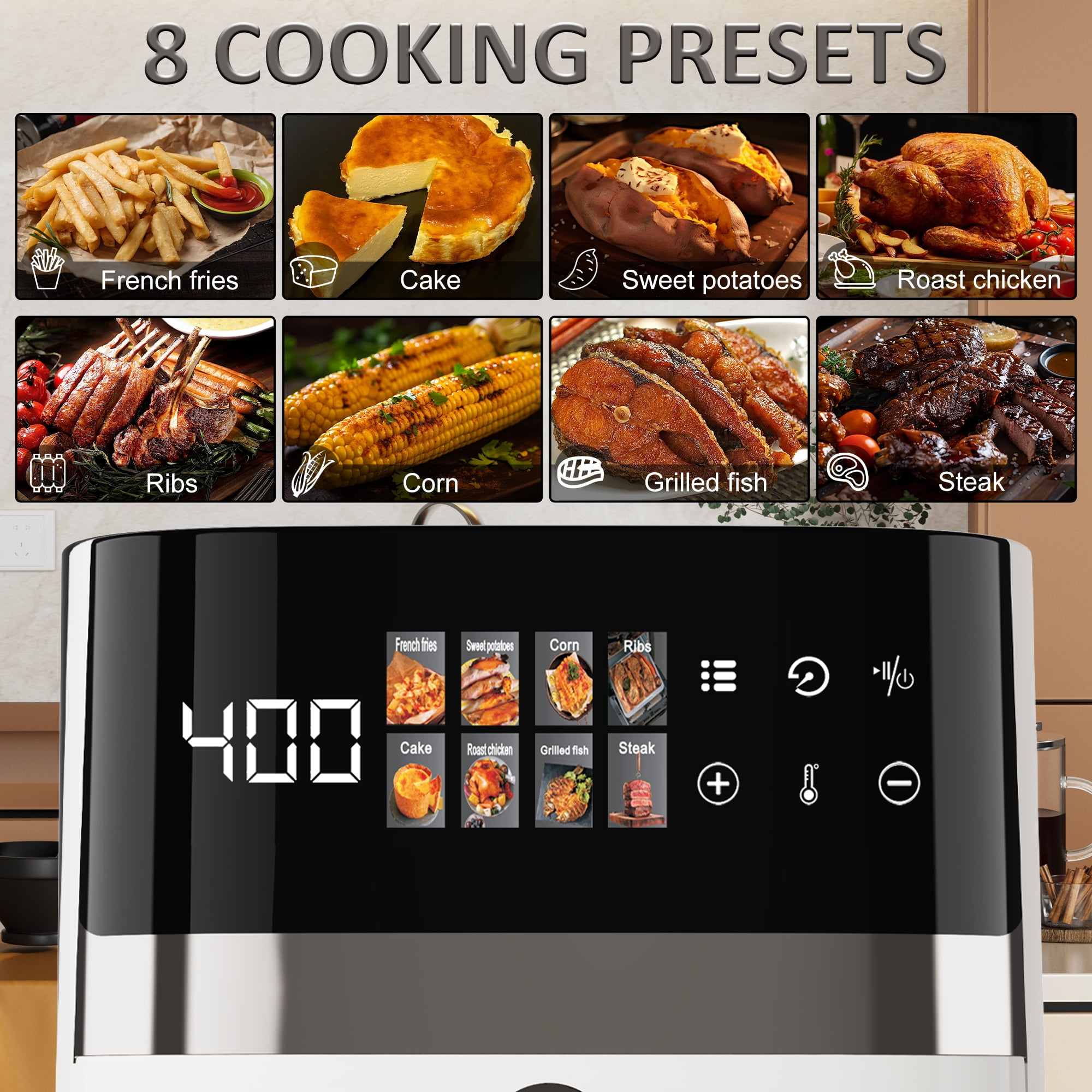 Airfryer-Display mit acht Kochvoreinstellungen für Pommes, Kuchen, Hähnchen, Rippchen, Mais, Fisch und Steak.