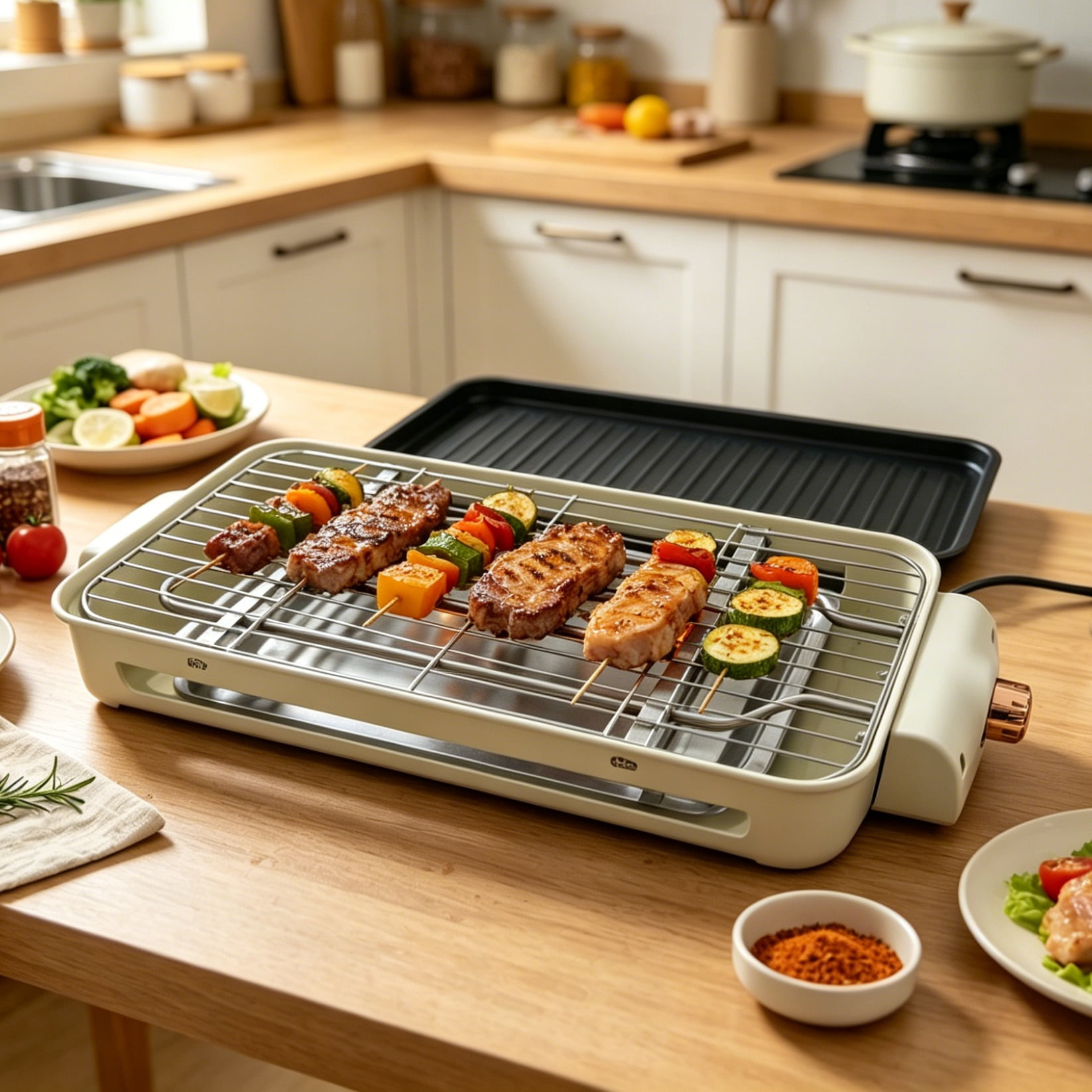 Ein Elektrogrill auf einer Holzküche mit Fleisch- und Gemüsespießen.