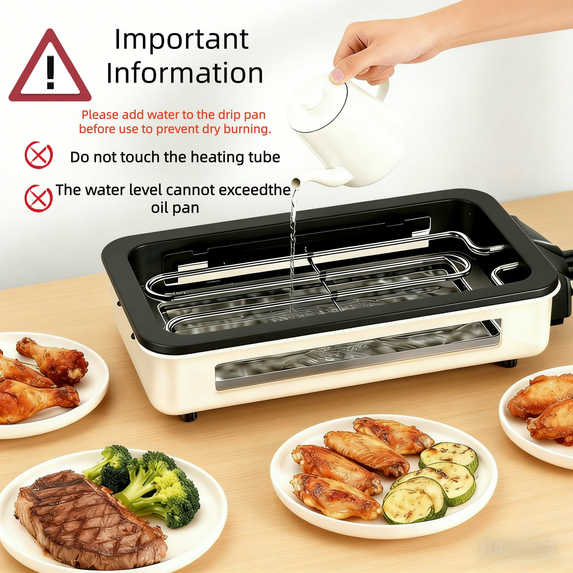Wichtiges Schild mit Anweisungen zum Hinzufügen von Wasser in die Tropfschale eines elektrischen Tischgrills.