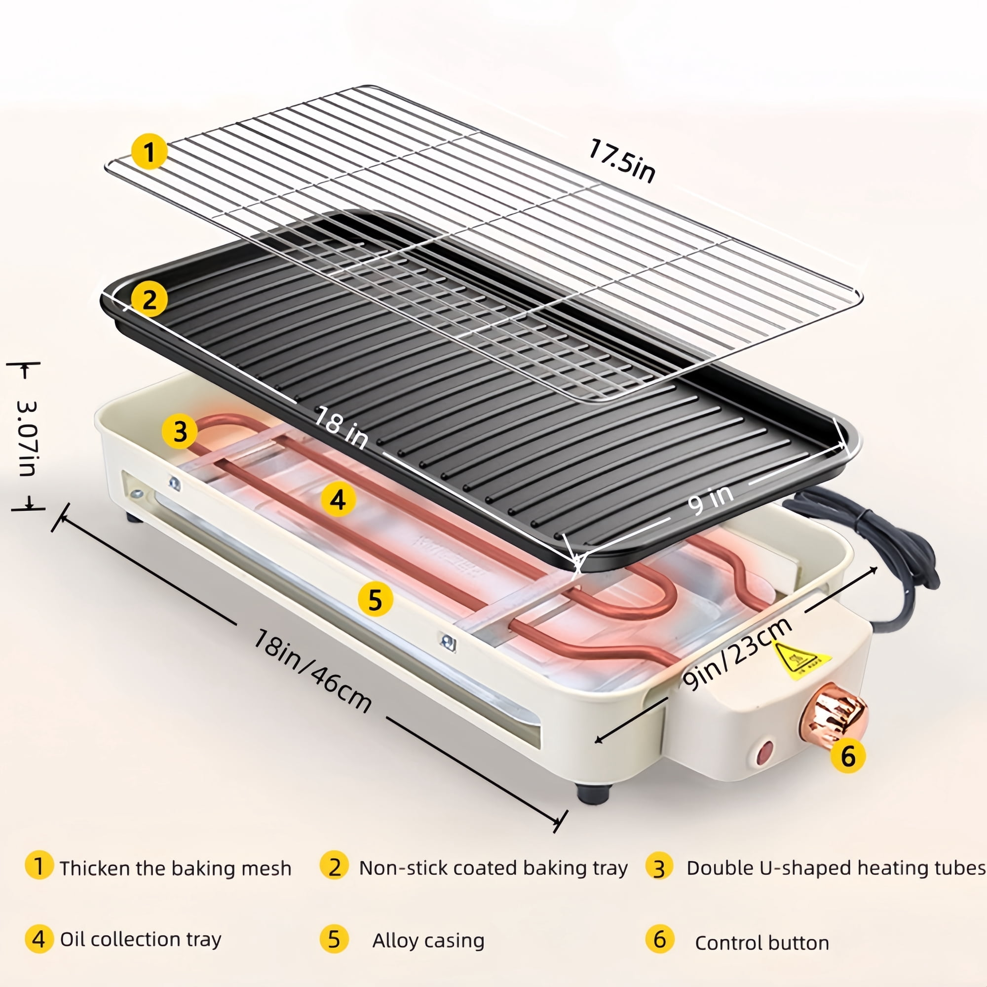 Ein Elektrogrill mit nummerierten Teilen: Gitter, Schale, Heizrohre, Ölschale, Gehäuse, Bedienknopf und Abmessungen.
