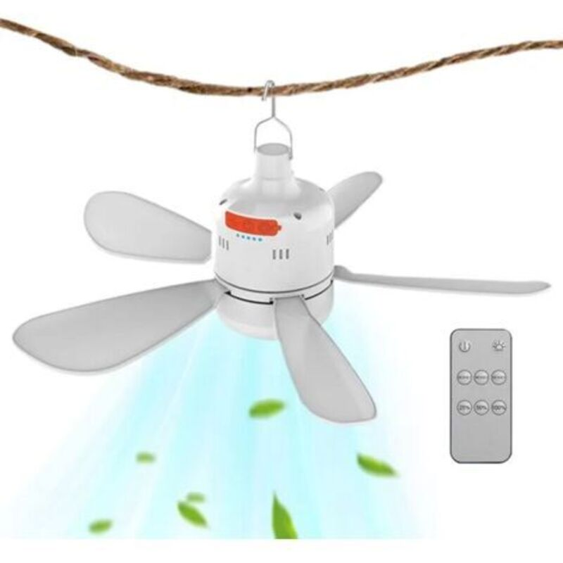 Ein weißer, hängender Deckenventilator mit fünf Blättern und einer Fernbedienung.