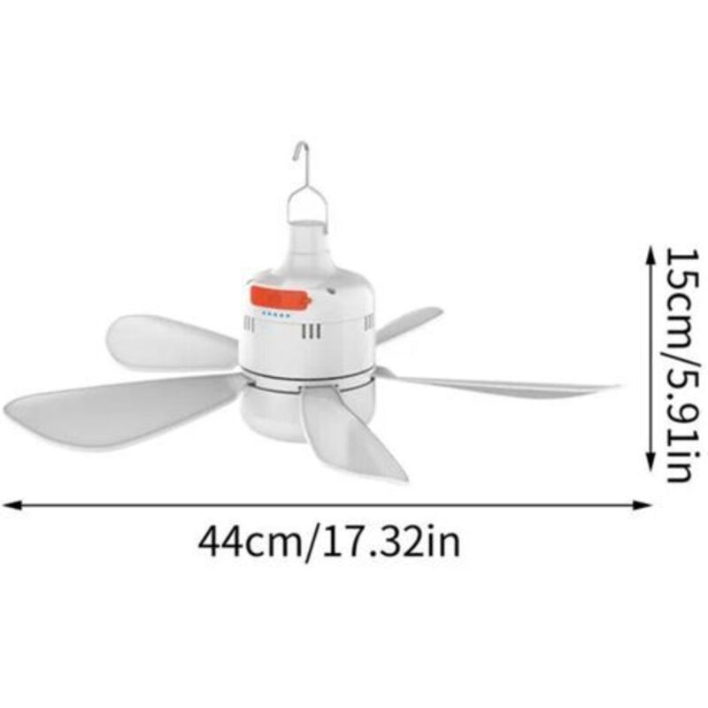 Weißer Deckenventilator mit Aufhängehaken und Abmessungen: 44 cm breit und 15 cm hoch.