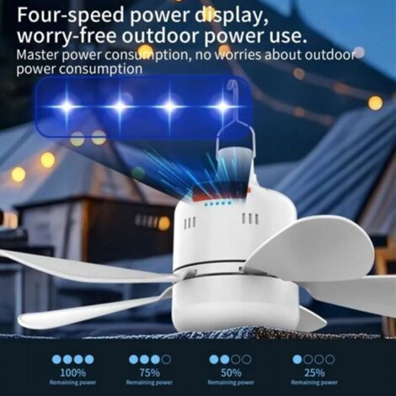 Tragbarer weißer Deckenventilator mit vier Geschwindigkeiten und LED-Batterieanzeige im Freien.