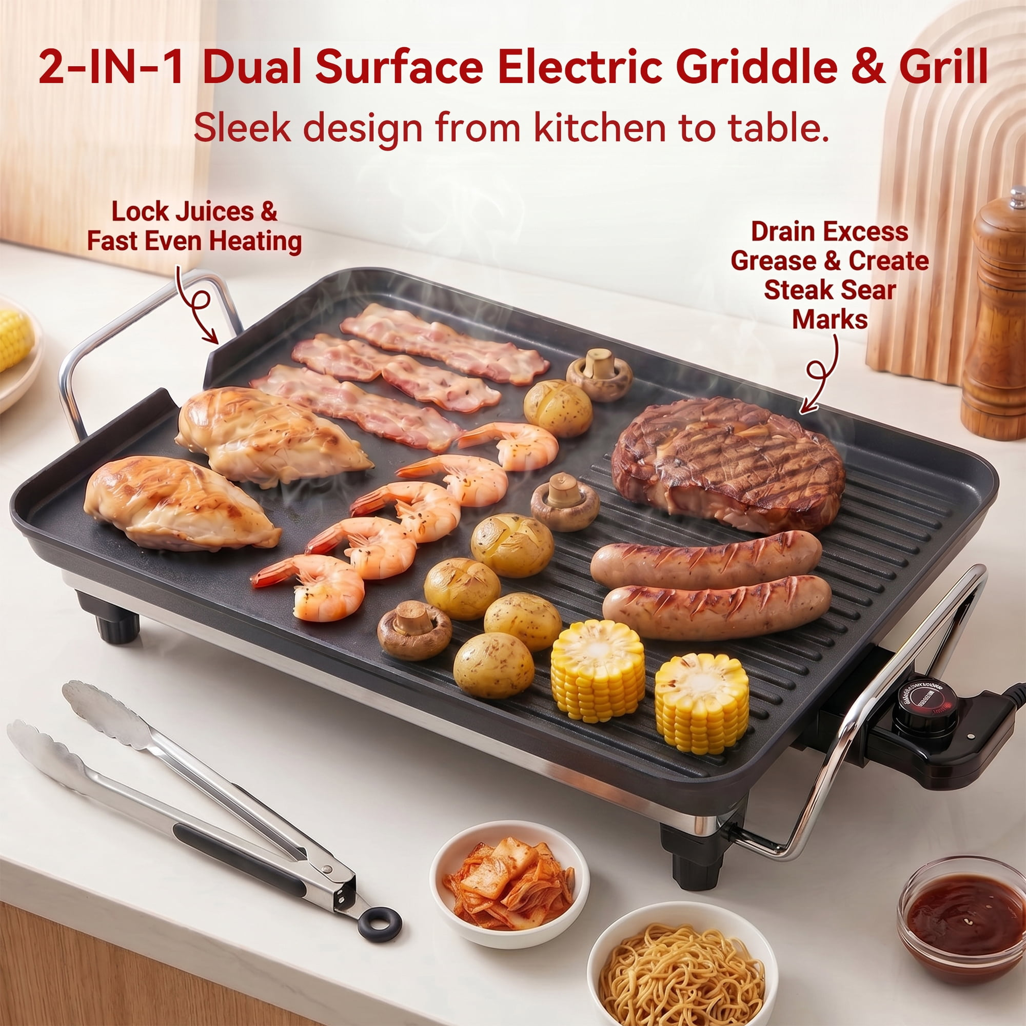 Ein elektrischer Grill mit Fleisch, Garnelen, Pilzen und Maiskörnern, mit Texten wie Lock Juices und Fast Even Heating.