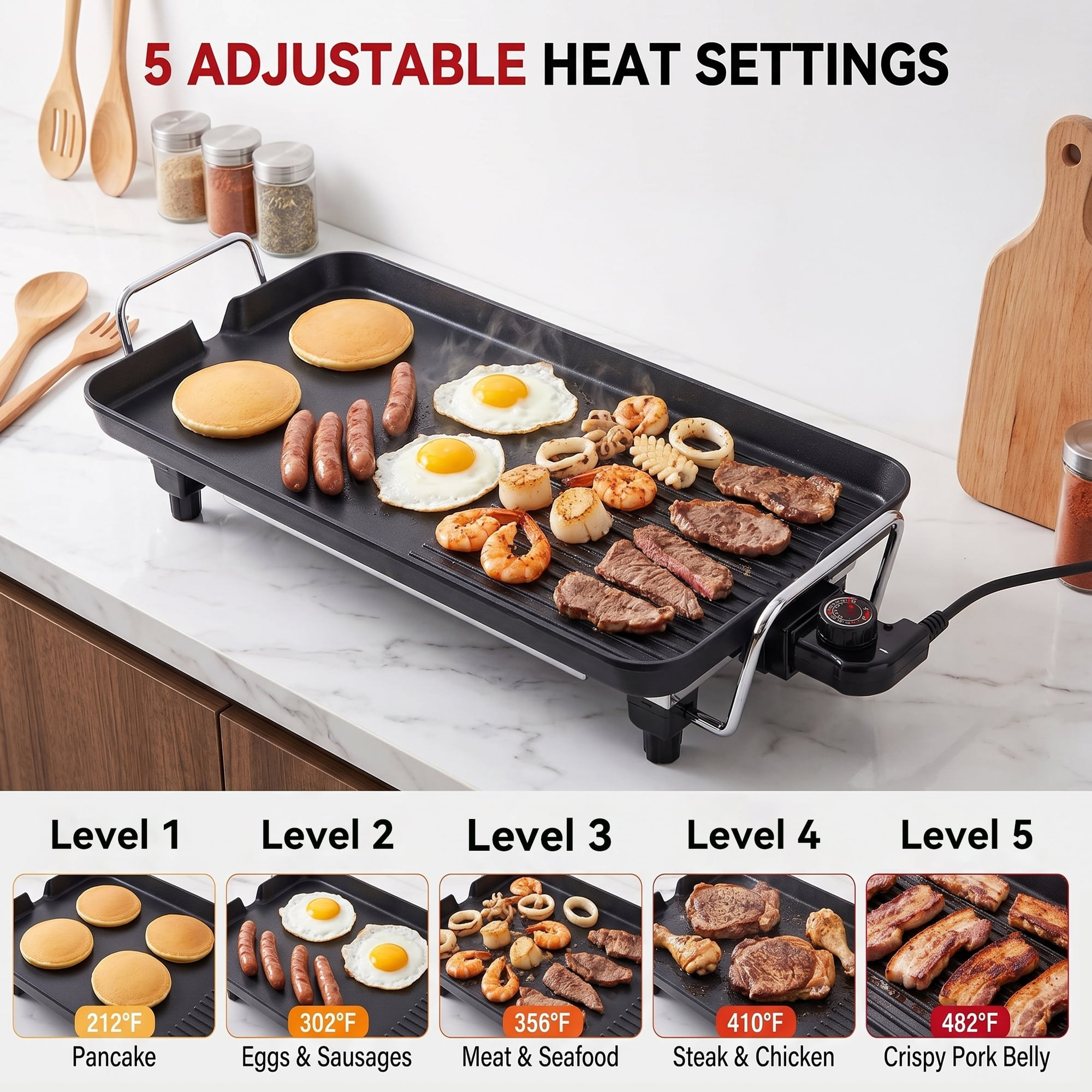 Ein elektrischer Tischgrill mit Pancakes, Eiern, Würstchen, Meeresfrüchten und Fleisch.
