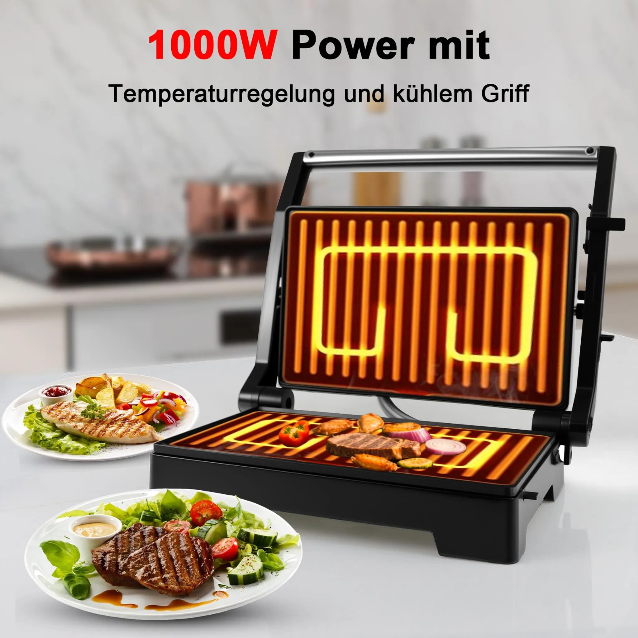 Ein elektrischer Tischgrill mit glühenden Heizstäben und zubereiteten Speisen auf Tellern im Hintergrund.
