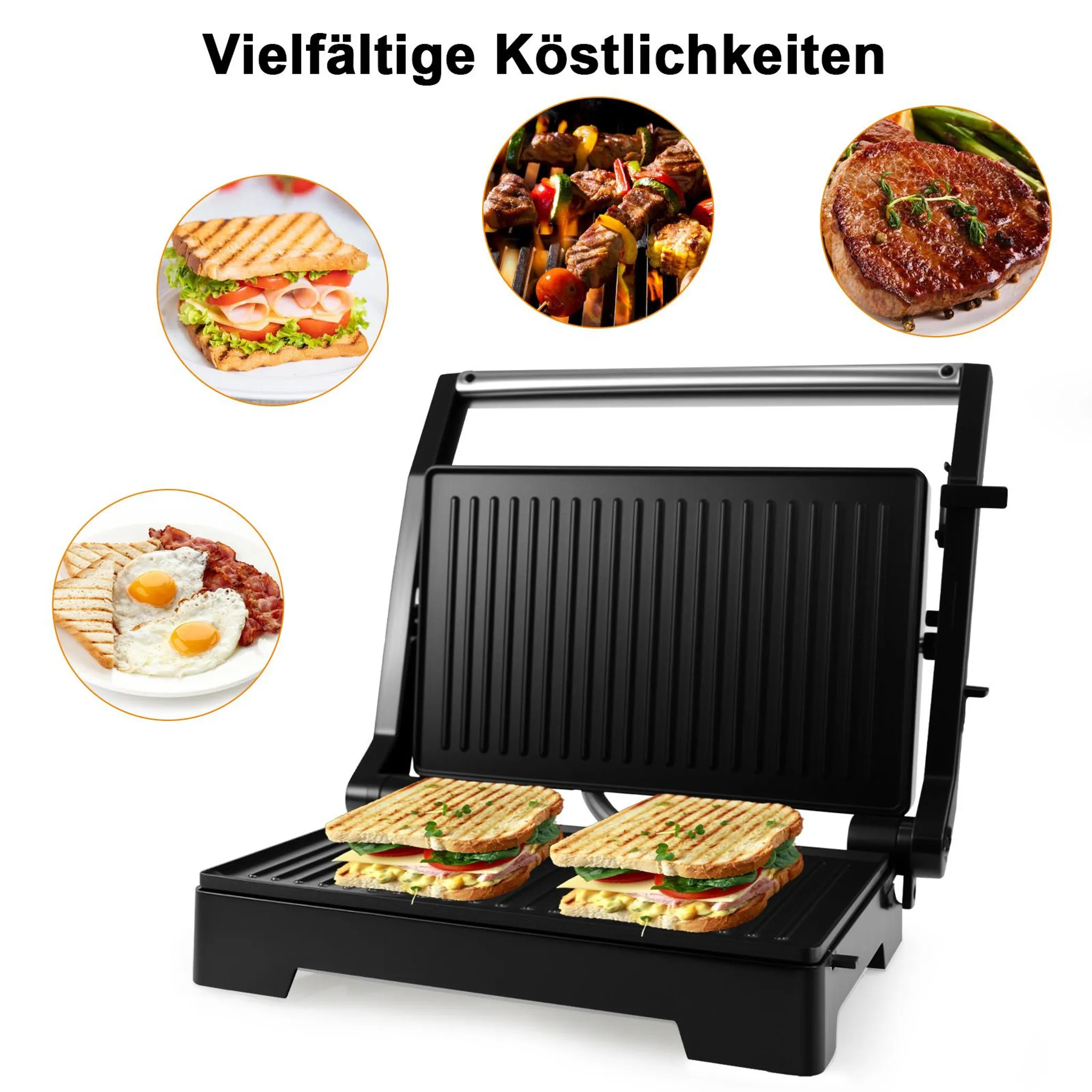 Ein schwarzer Kontaktgrill mit zwei gegrillten Sandwiches, umgeben von Bildern mit Toast, Fleischspießen und Steak.