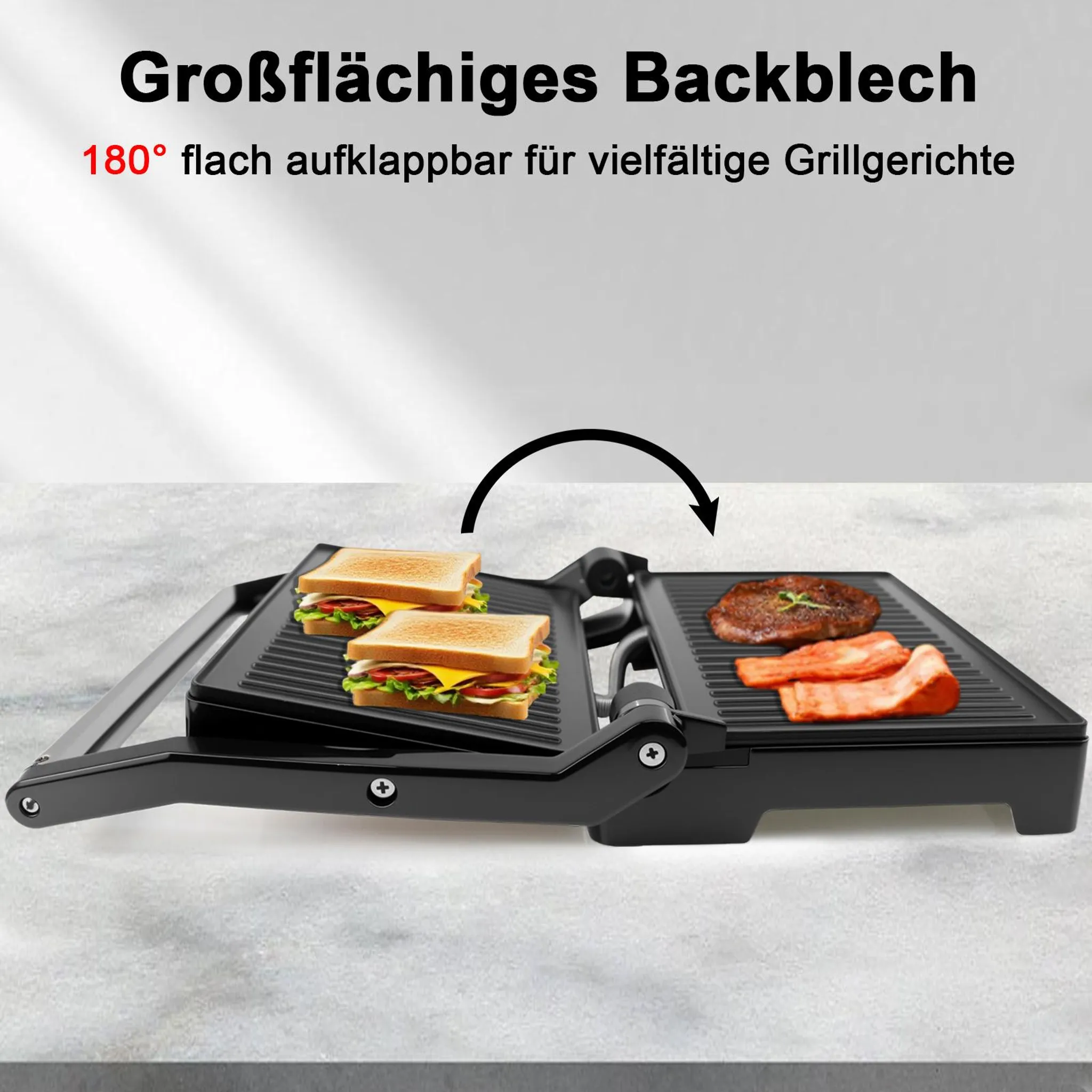 Ein offener elektrischer Tischgrill mit Sandwiches auf der einen und Fleisch auf der anderen Seite.